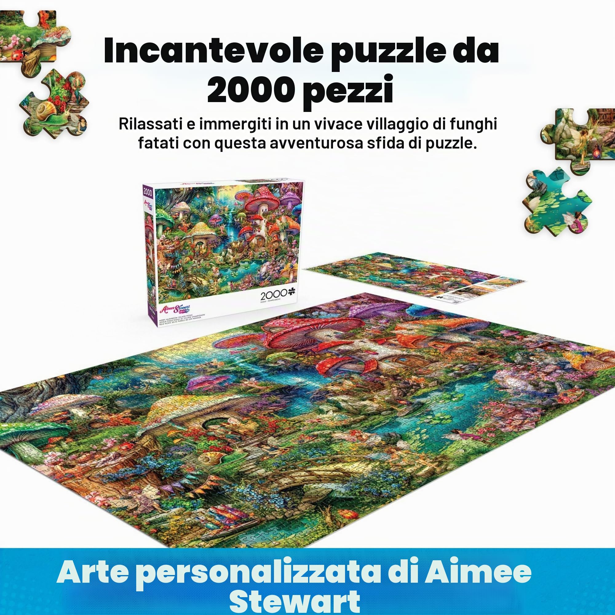 Buffalo Games Aimee Stewart Merry Mushroom Village Picnic Puzzle da 2000 pezzi per adulti, impegnativo, perfetto per serate di gioco, 98 x 67 cm da montato