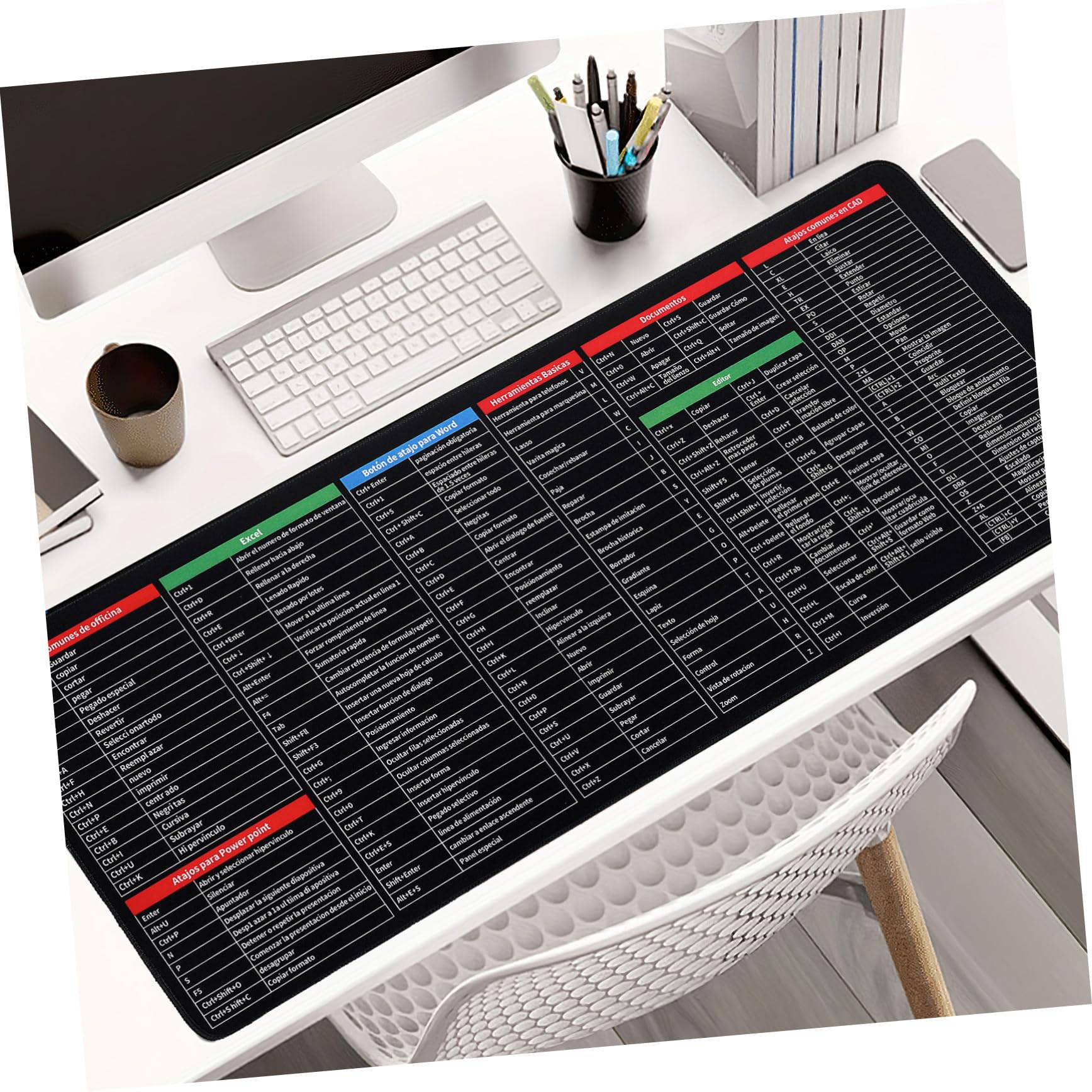 Ciieeo Extra Großes Mauspad 300x800x3mm Wasserfest mit Excel | Spickzettel für Tastenkombinationen, Tastatur und Mausfläche, Spanisch