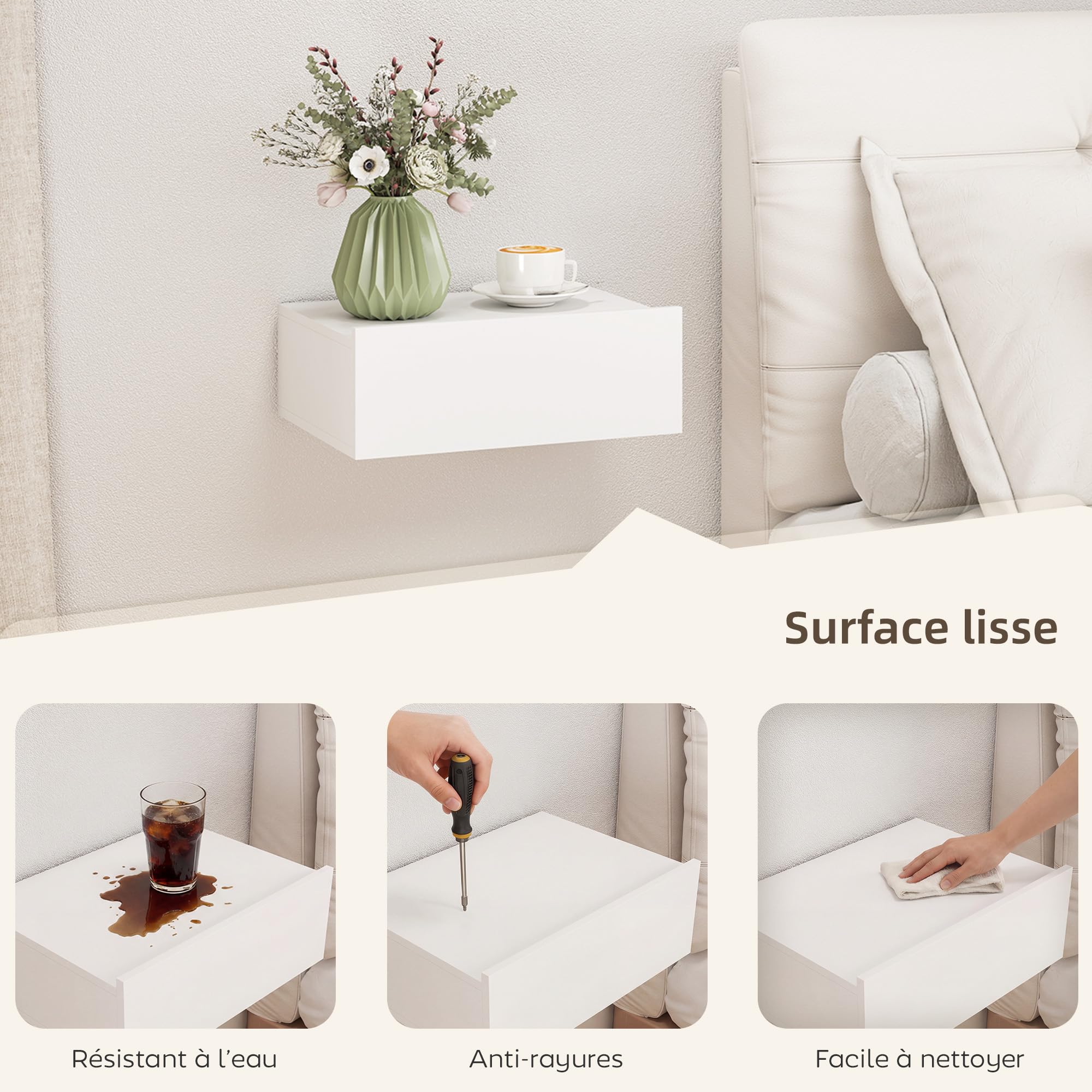 HOMCOM Lot de 2 Tables de Chevet Murales Tiroir Coulissant 40x30x15cm Blanc | Tables de Nuit Suspendues, Style Moderne, pour Chambre à Coucher