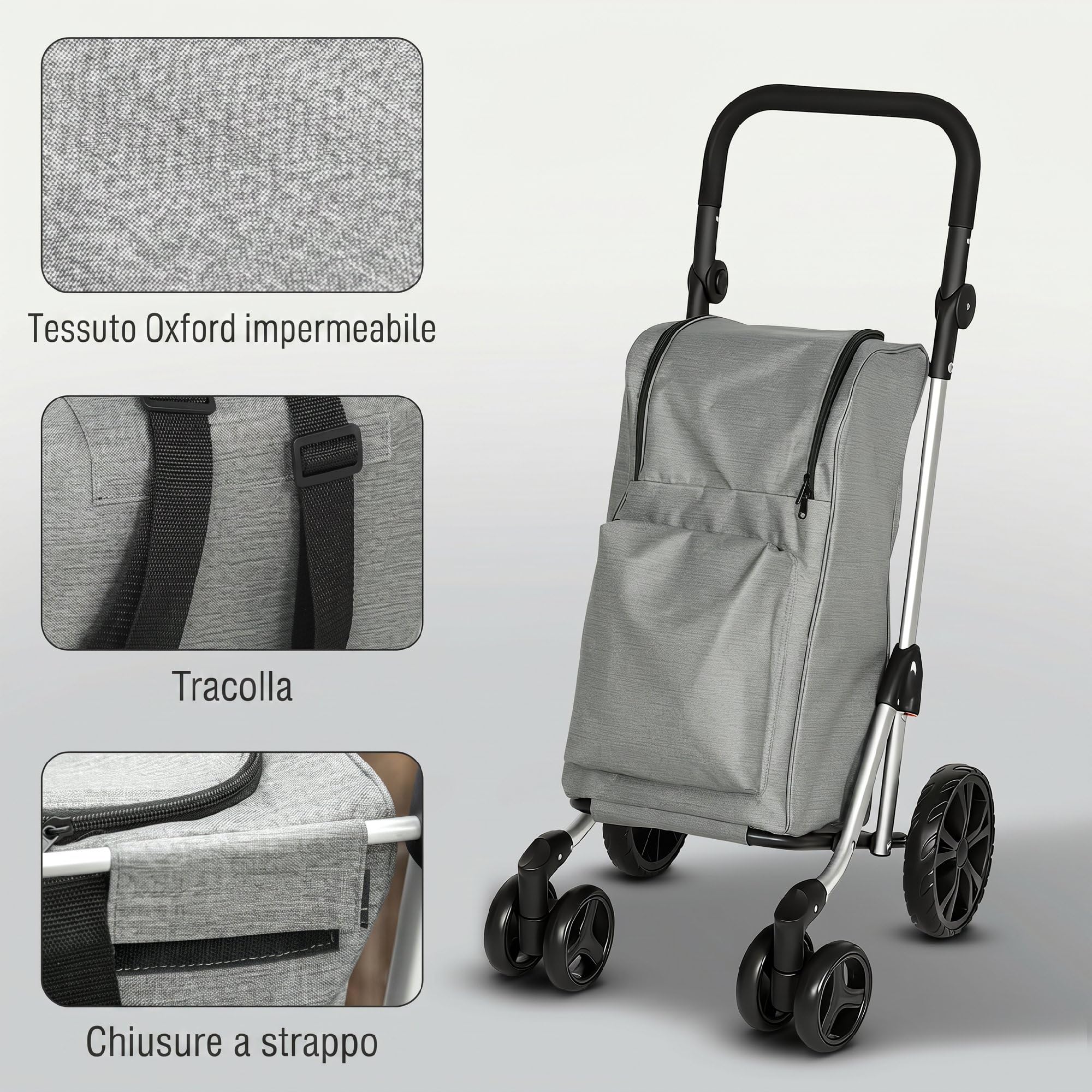 HOMCOM Carrello Spesa Pieghevole in Alluminio con Ruote, 3 in 1 Carrellino Spesa con Borsa in Tessuto Oxford 600D da 46L, Tracolla, Scomparto Refrigerato, Manico Regolabile, Grigio