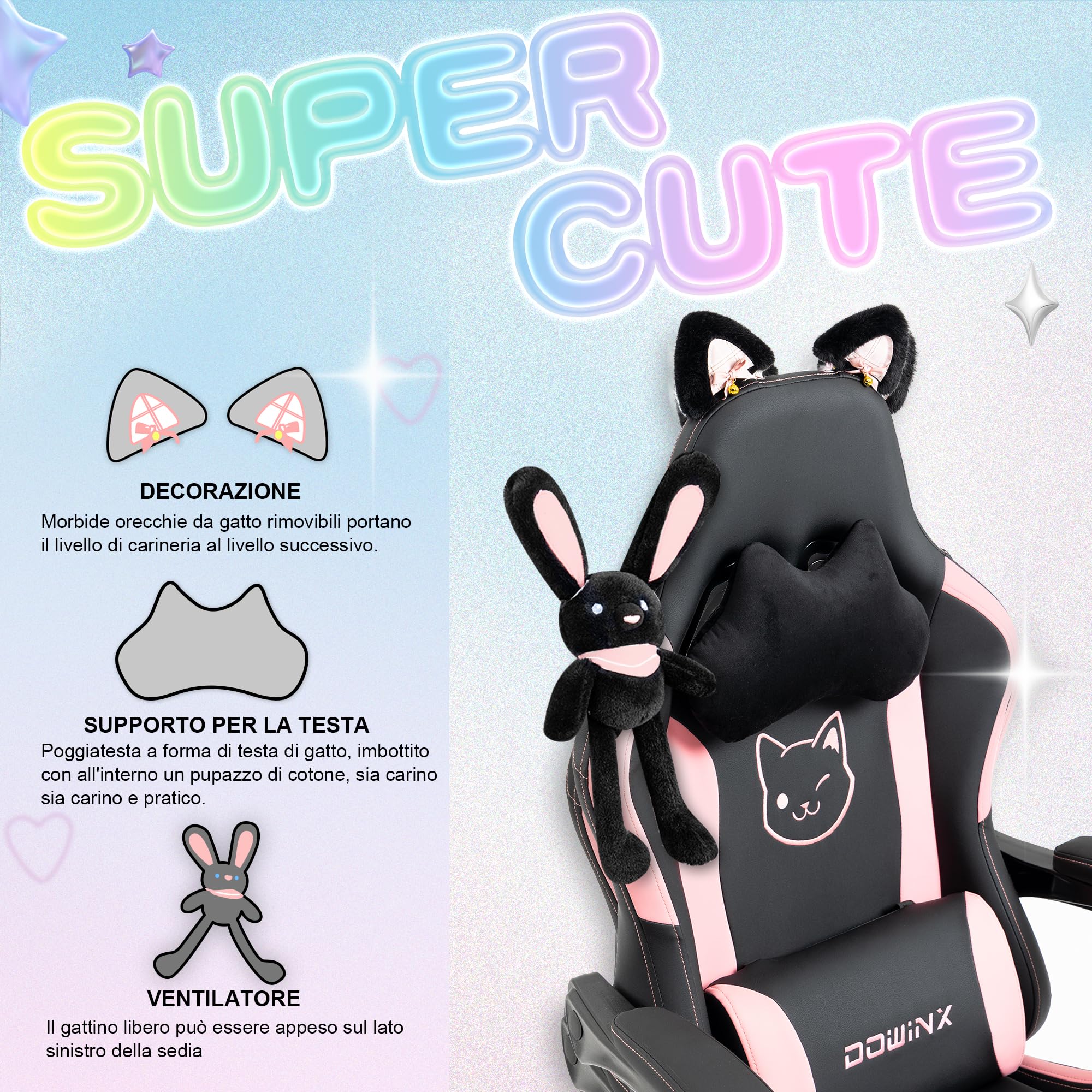 Dowinx Sedia Gaming Rosa Ergonomica Cute Cat Version - Sedia da Ufficio Ergonomica con Schienale Alto e Supporto Lombare Massaggiante, Ecopelle, Poggiapiedi, Nero