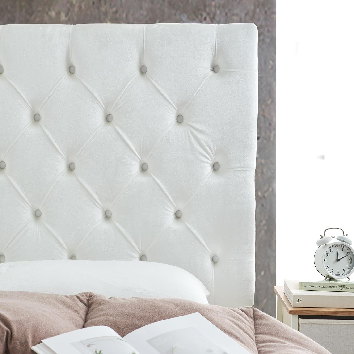 Tufted Velvet Plush College Dorm Right Side Outlet Headboard with Legs - White