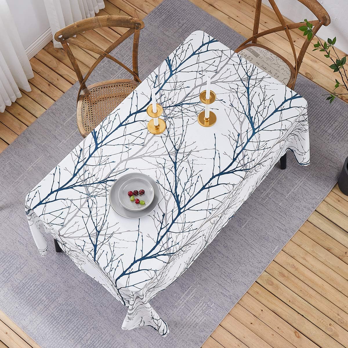 Bеѕt Dеаl Table Cloth for Dining Oblong 108 Wrinkle Free Reusable Tablecloth Reusable Blue Grey Print Multi Color Table Cloths Branch Decorative Table Cover for Holiday Christmas Thanksgiving Dinners 1 pc