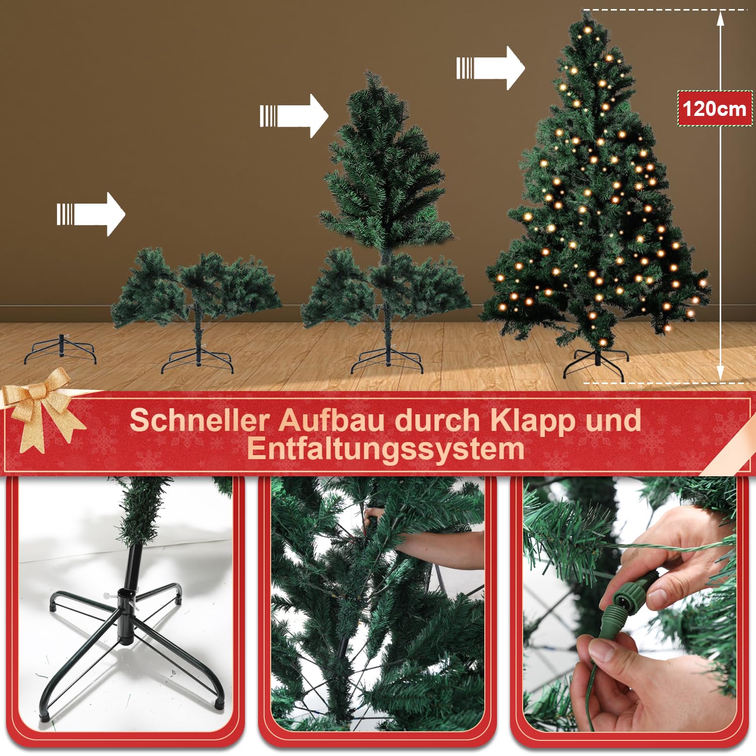 Sonnewelt künstlicher Weihnachtsbaum 120cm mit Metallständer und Beleuchtung 8 Verschiedene Beleuchtungsmodi,Hochwertiger unechter Tannenbaum mit 340 Spitzen, für Innen und Außenbereich