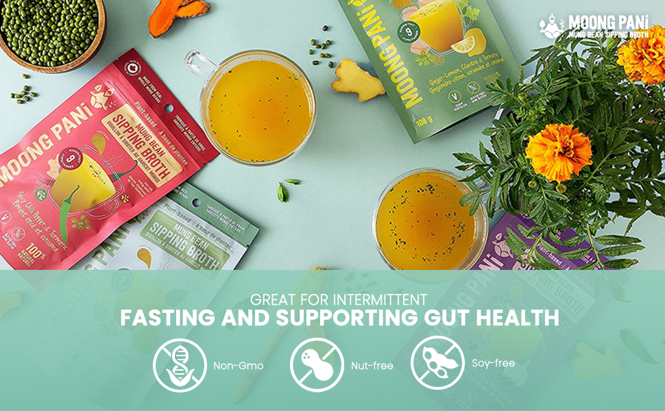 Moong Pani Golden Vegetable Mung Broth Powder W/Plant Protein 9 Servings Travel Packs,High Protein & Fibre Spicy Cayenne & Turmeric, Bouillon, Non-GMO Veg Stock, Makes Nourishing Soups And Stews