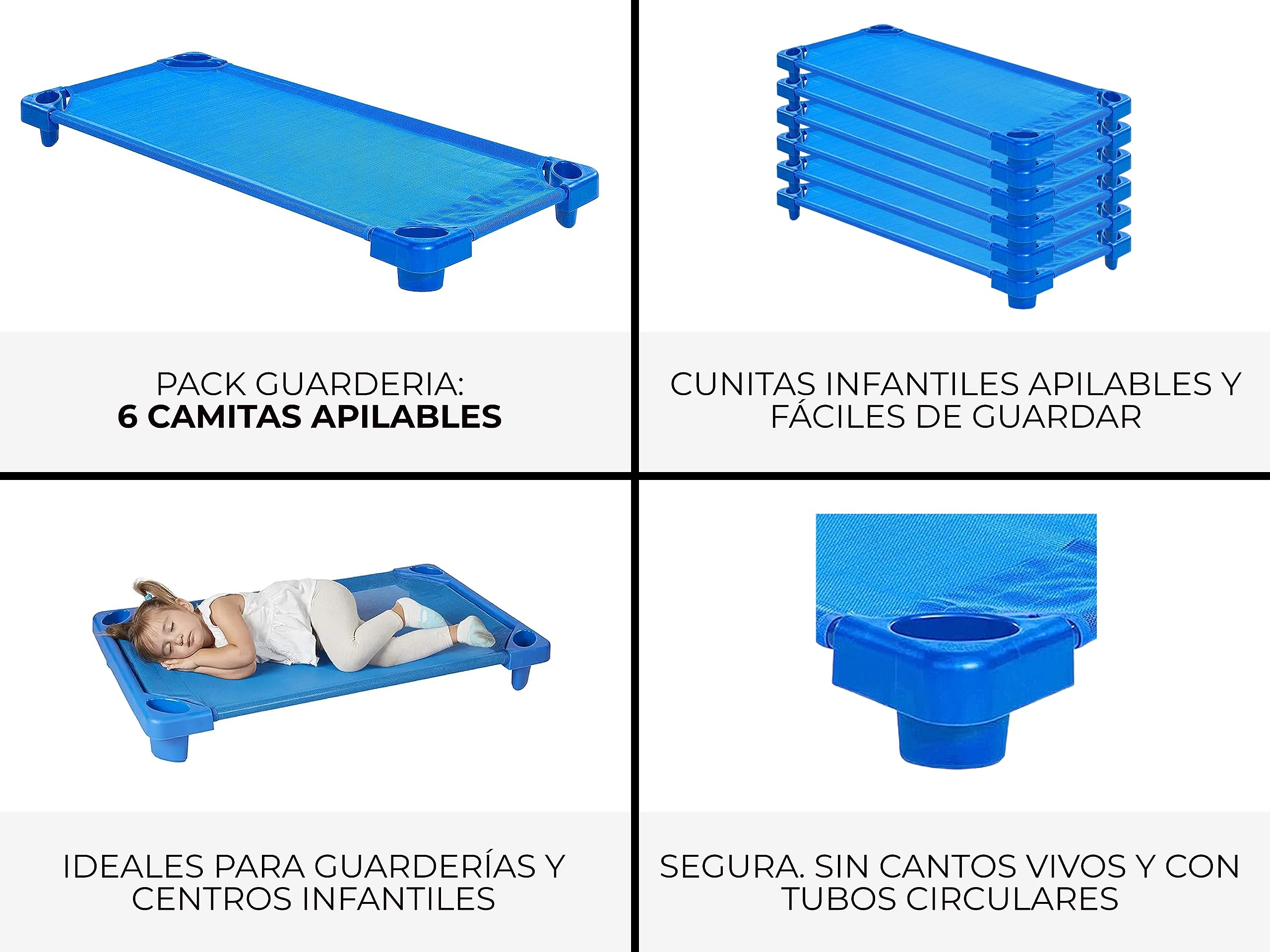 Pack de 6 Cunas Apilables para Guardería Azules – Cuna Apilable para Guardería 132cm x 58cm x 15cm