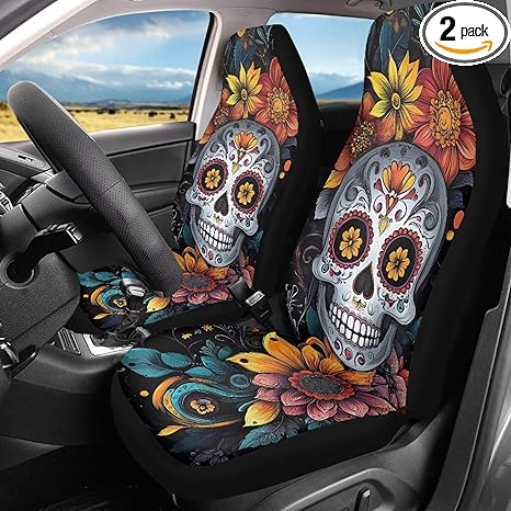 Bulopur Sugar Skull Car Seat Covers Front Seats Girly Women Stretchy Automotive Seat Protector Cover 2 Pack Breathable Anti-Slip Highback Bucket Carseat Covers for Most Vehicles SUV Truck