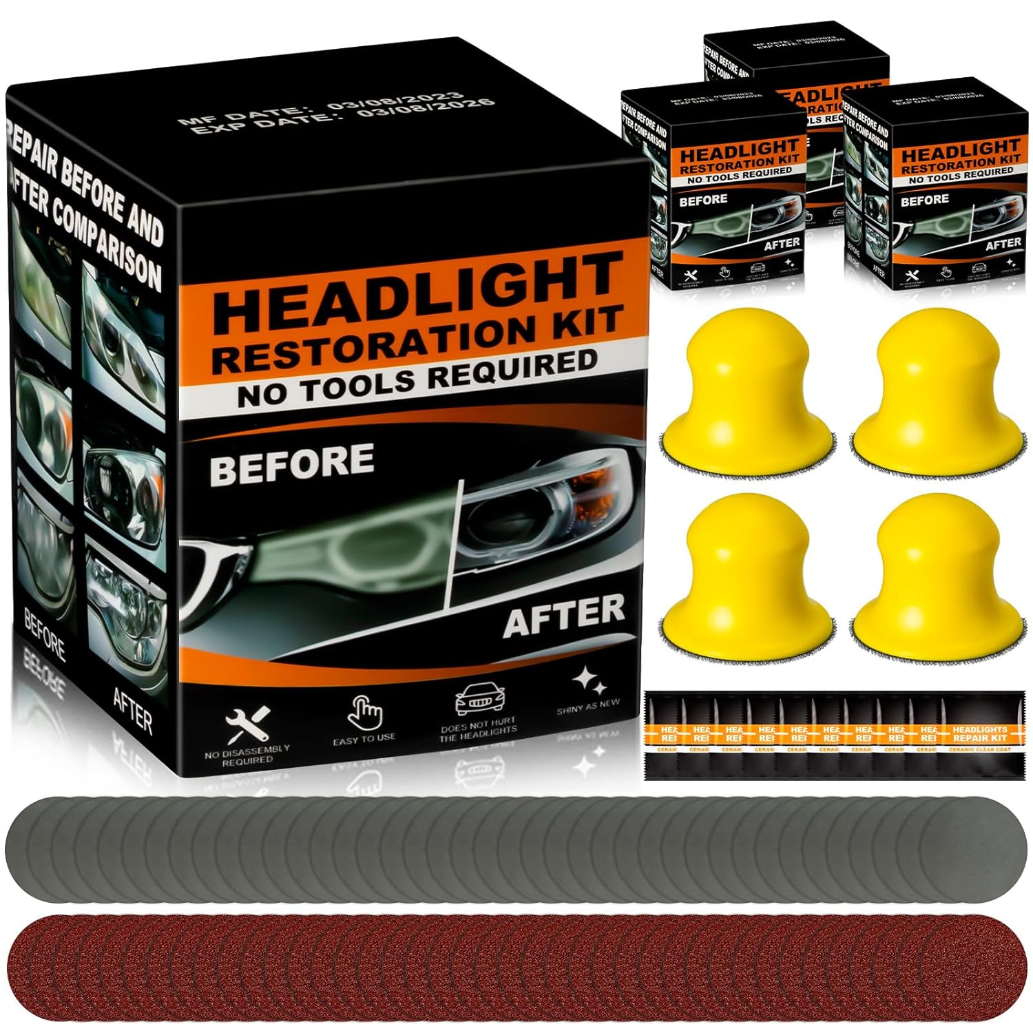 Landhoow 60 Pcs Ceramic Headlight Restoration Kit Includes Sanding Discs Polishing