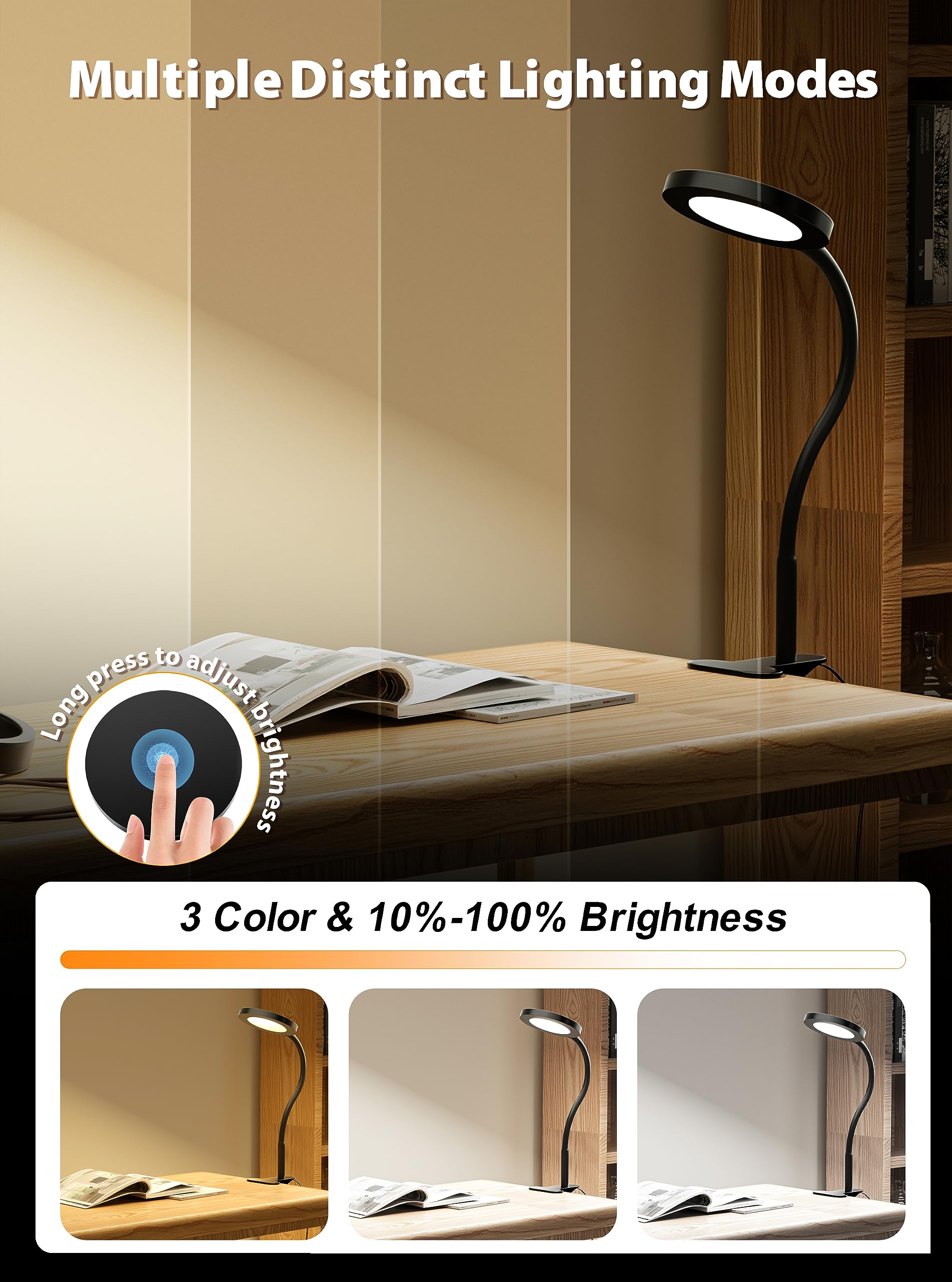 deeloop Clip on Light Infinite Dimmable Reading Lights for Books in Bed Headboard, 450LM Touch Control Clip Reading Lamp, Eye Care 3 Color Temperature Flexible Gooseneck for Bedside Night Light Black