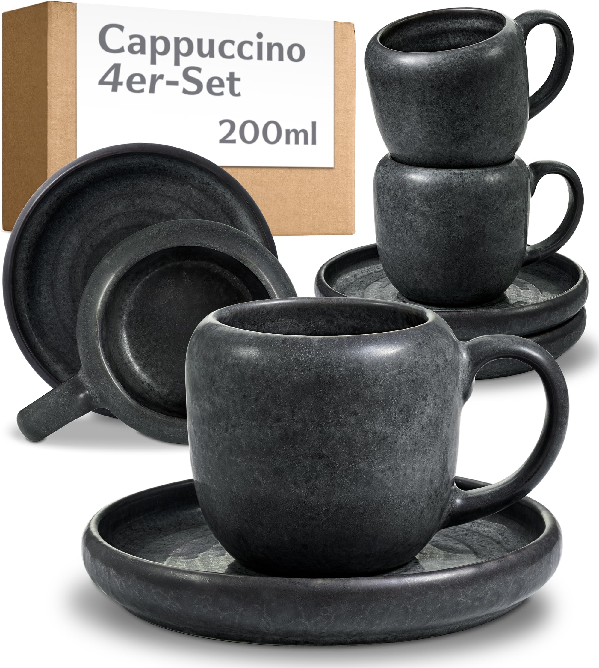 Cosumy 4er Cappuccino Tassen Set mit Untertassen Schwarz – 200 ml Keramik Cappuccinotassen Set– Hält lange warm dank dickwandigem Steingut – Elegante Kaffee Tassen mit handglasierter Oberfläche