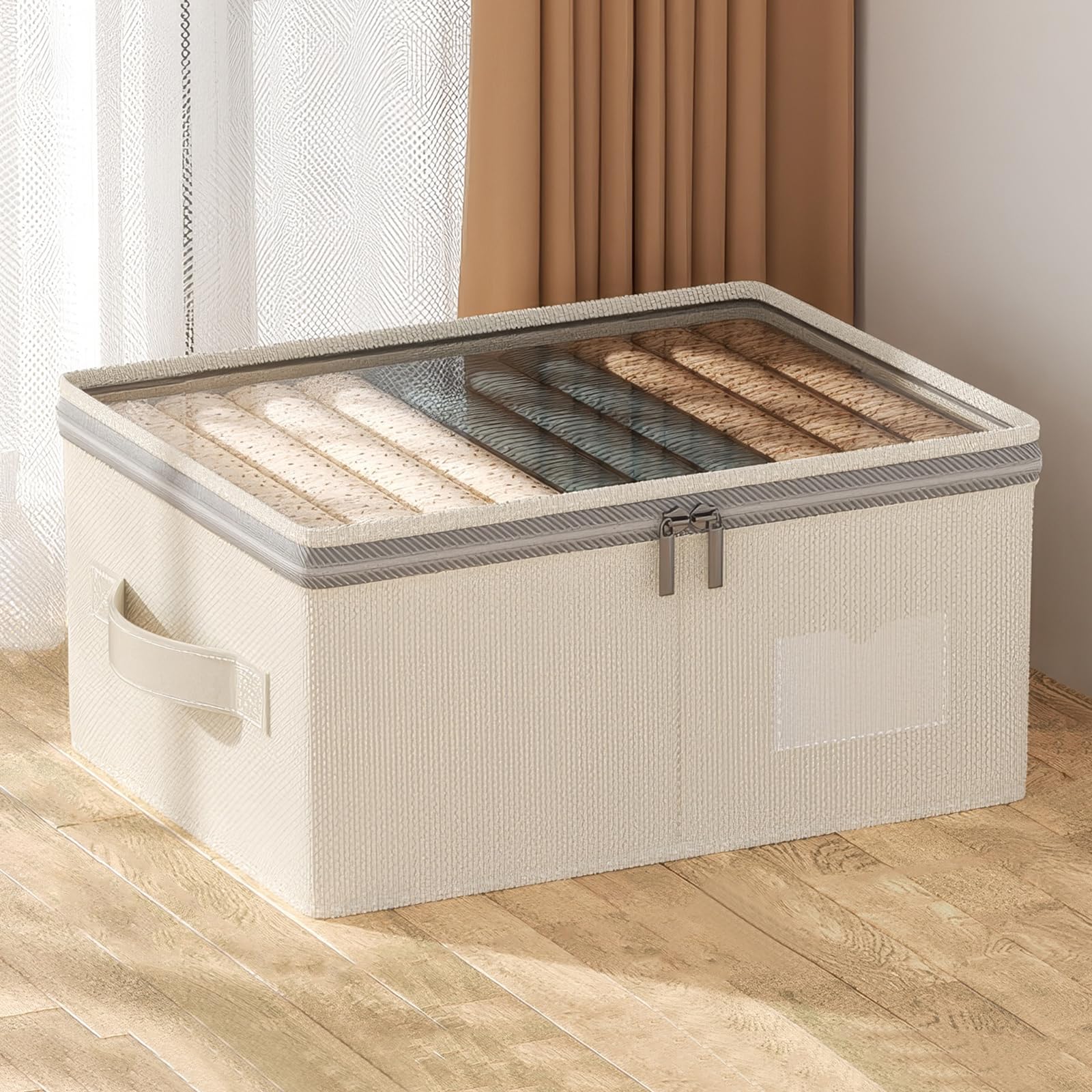 OurLeeme Scatola portaoggetti in tessuto con coperchio, pieghevole in tessuto, resistente, con manici per vestiti e coperte, 40 x 30 x 20 cm, beige 2 pezzi