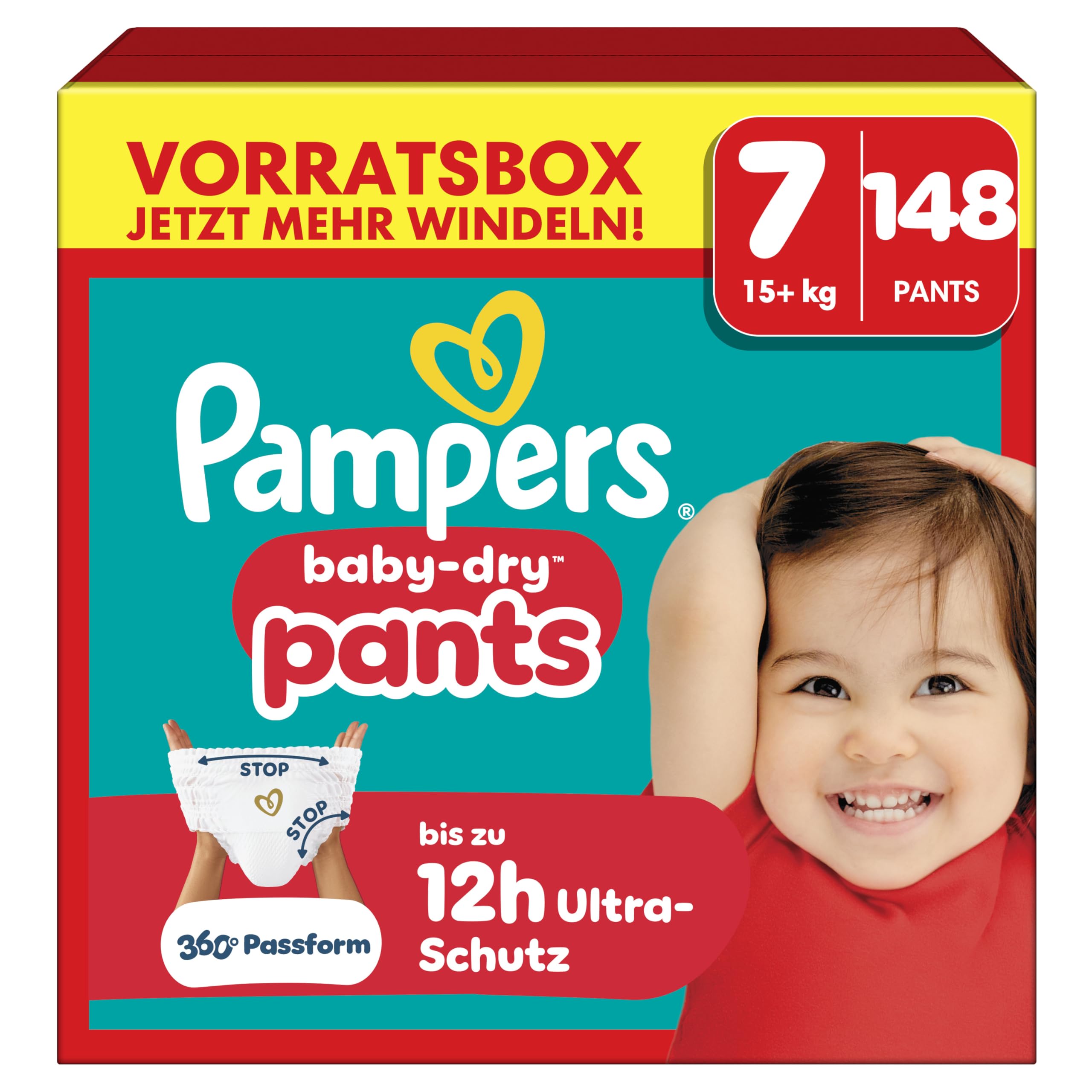 Pampers Baby-Dry Pants Größe 7, 148 Stück, 15kg+, 360° auslaufsichere Passform für Tag und Nacht