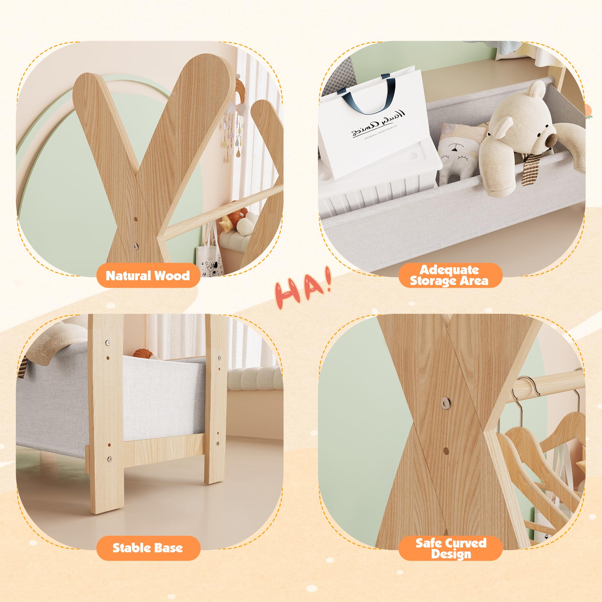 NACHES Kinder Kleiderständer Holz, Garderobenständer mit Aufbewahrungskiste und Kleiderstange, Kindergarderobe für Kinderzimmer, Mädchen (82 x 43 x 180cm)