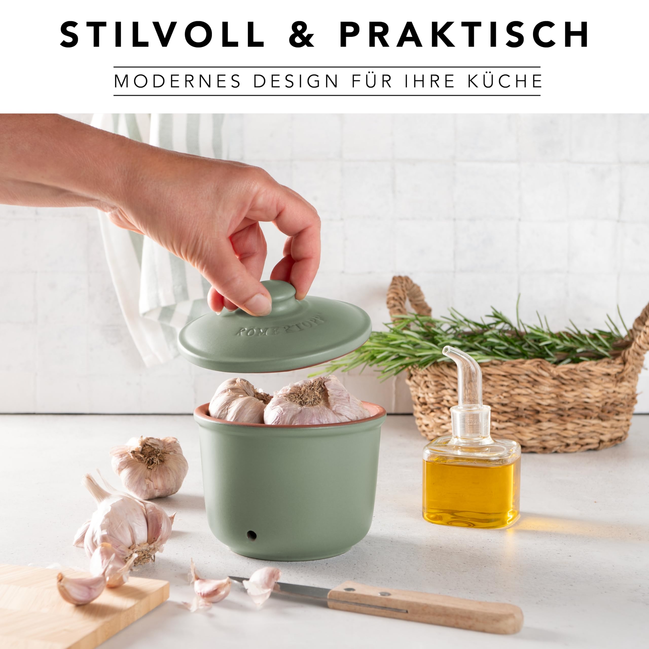 Romertopf Kartoffeltopf & Zwiebeltopf 3er Set – Vorratsdosen aus Keramik für Kartoffeln, Zwiebeln & Knoblauch – atmungsaktiver Ton hält Gemüse länger frisch – Grün