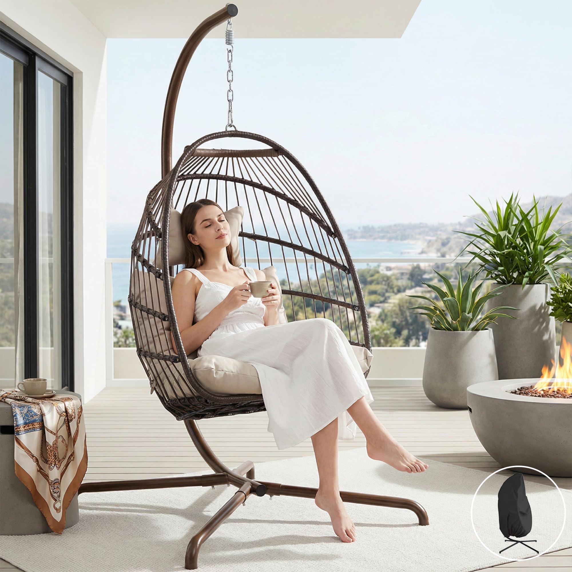 NICESOULยฎ Egg Chair Indoor Outdoor Patio Wicker Hanging Chair Swing Hammock Egg Shell Chairs UV Resistant Cushions 350lbs Capacity for Patio Backyard Balcony Brown with Cover