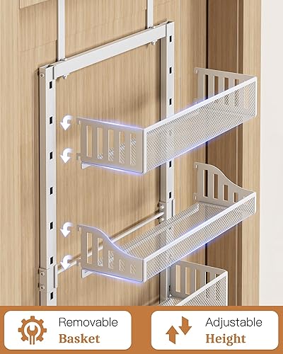 Miniatura 5 de Organizador de despensa para puerta de 8 niveles, estante de especias grande de metal para puerta con cesta ajustable, soporte de pared 2 en 1 o