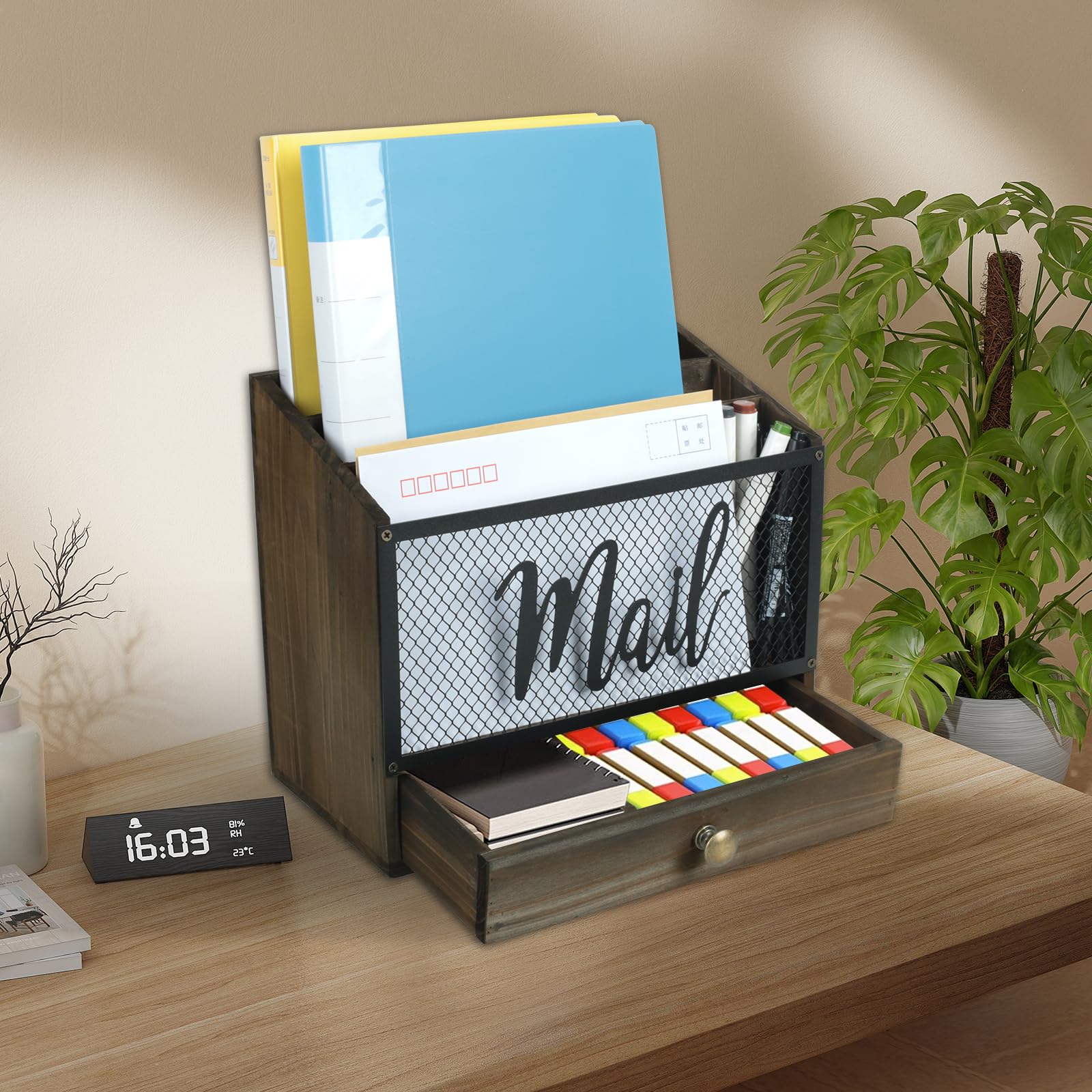 Organizzatore di Posta da Scrivania in Legno con 3 scomparti e cassetto, Organizzatore per Cartelle di Carta e Lettere, Organizer per Cartelle per Scrivania per Lettere Cancelleria, Marrone