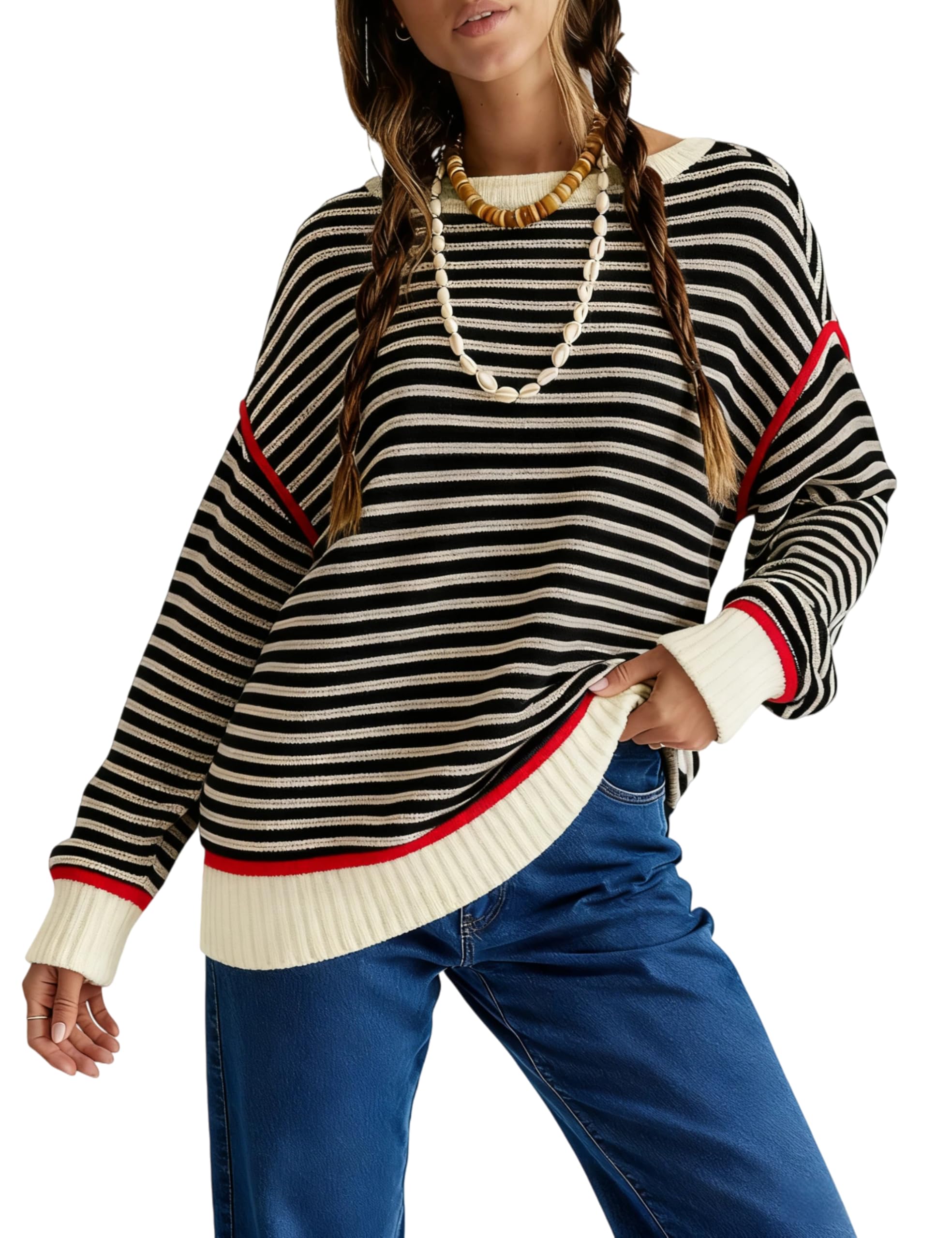 Majdan Womens Oversized Striped Sweater Long Sleeve Knitted Crewneck Pullover Tops Loose Fall Outfits