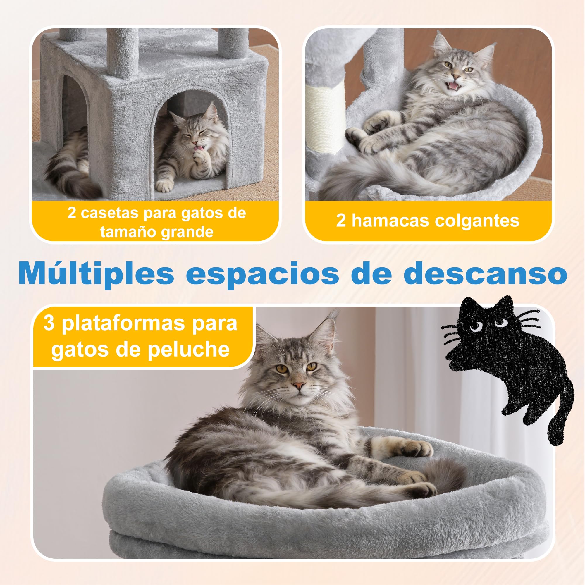 Hey‑brother Rascador para Gatos,con 3 Plataformas Grandes, 2 Cueva, MPJ084W | 171cm Árbol para Gatos Multi-Nivel, 2 Cestas Suaves, 2 Pelota de peluche, para Maine Coon de Interior, Gris Claro