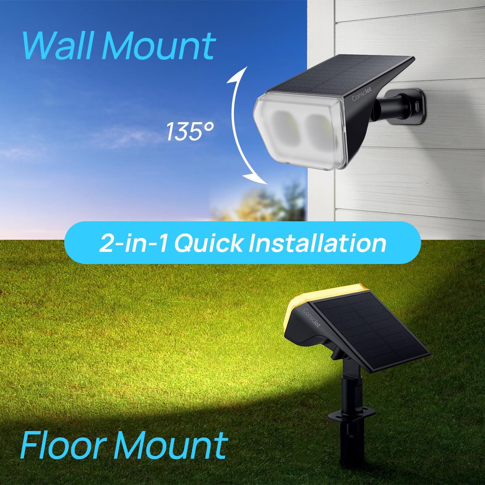 Consciot Solarstrahler Außen Wasserdicht, 24 LED Dusk-to-Dawn Solarstrahler, 2 in 1 Verstellbare Wandleuchten, Warmweiß Solar Landschaft Strahler für Garten Hof Wand Gehweg, 6 Pack