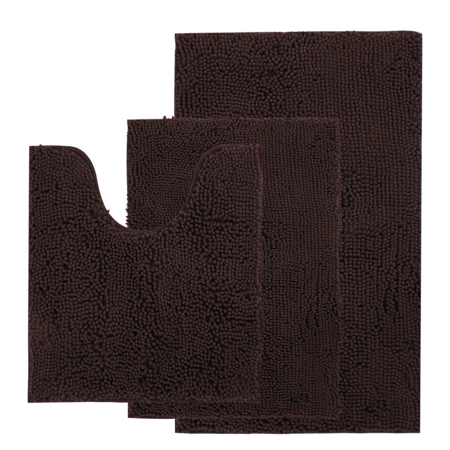 Chenille Shag Bath Rugs, Shaggy Bathroom Mat Set of 3 Piece, Soft Plush Luxury, High Pile, Absorbent, Non-Slip, 1 Large, 1 Contour, 1 Small (3-Piece Contour Set, Dark Brown)