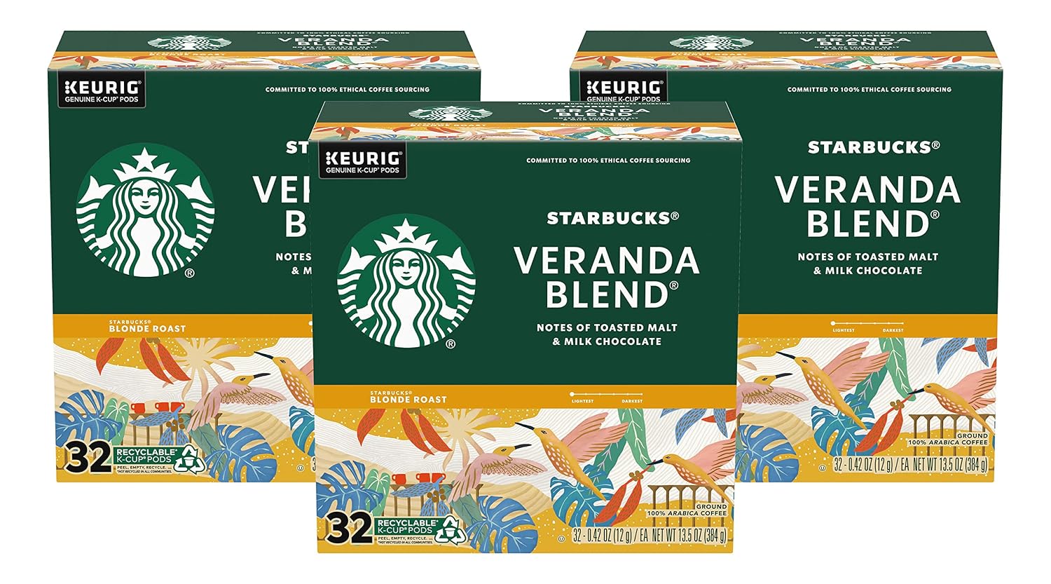 Starbucks Coffee K-Cup Pods, Veranda Blend, Blonde Roast Coffee, Notes of Toasted Malt & Milk Chocolate, Keurig Genuine K-Cup Pods, 32 CT K-Cups/Box (Pack of 3 Boxes)