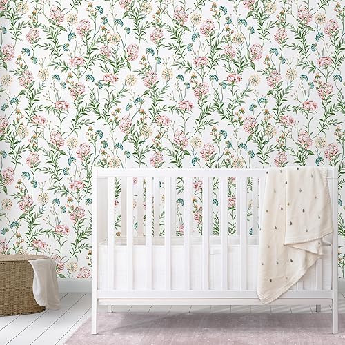 Miniatura 4 de VEELIKE Papel tapiz floral rosa turquesa para despegar y pegar, papel tapiz bohemio de flores de prado, 17.7 x 118 pulgadas, papel tapiz botánico