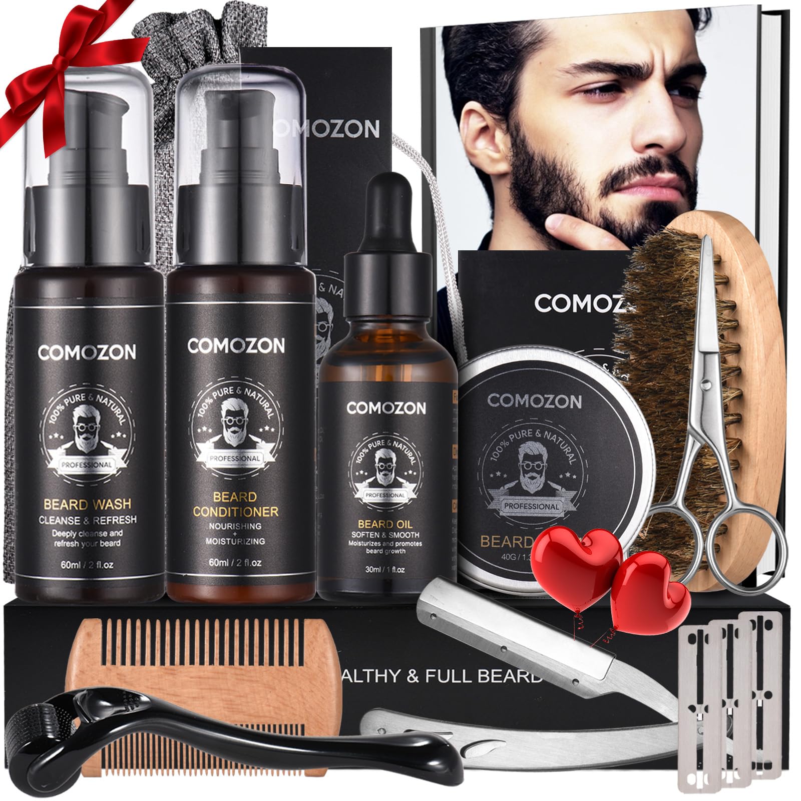 Kit Barbe Homme Complet 12 en 1 Kit de Soin Barbe Homme avec Rouleau Barbe Contenir Shampoing Barbe,Huile Barbe,Crèmes de Barbe, Peigne Barbe,Brosse à Barbe,Ciseaux Barbe, Rasoir, 10 lames Barbe