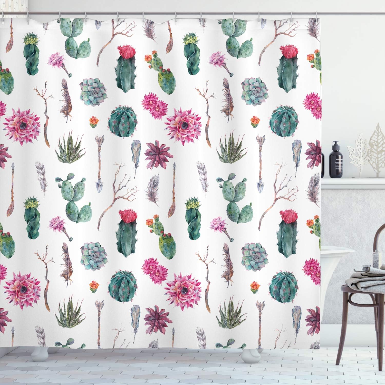 Ambesonne Cactus Shower Curtain, Vintage Botanical Pattern Arrows Feathers Succulent Twigs Hawaii Spring Tropics, Cloth Fabric Bathroom Decor Set with Hooks, 69" W x 84" L, Green Pink