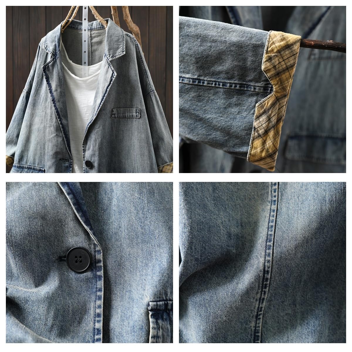 Blazer da Donna Giacca di Jeans Oversize da Donna A Quadri A Contrasto con Maniche A 3/4 Modello Ampio con Revers A Tacca Blazer in Denim Lavato Stile Vintage Lunghezza Media Modello Boyfriend con T