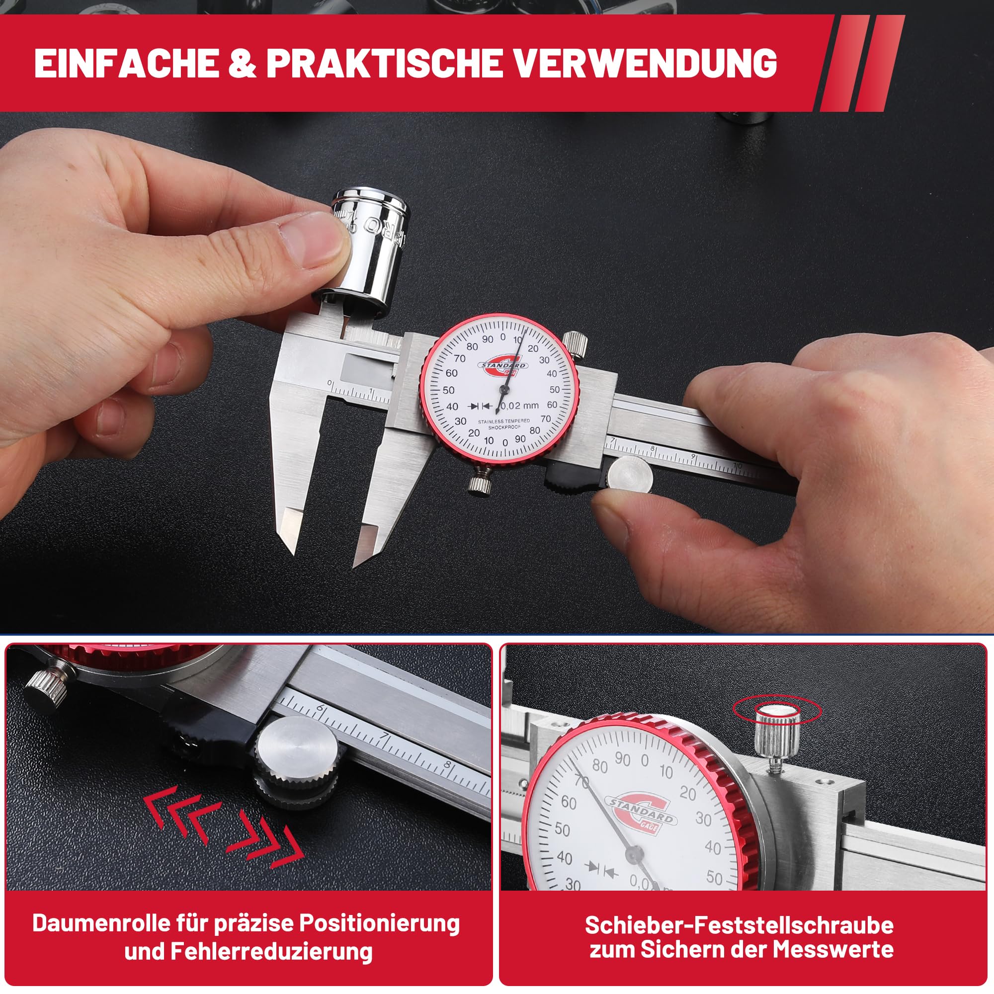 Messschieber mit Uhr 150mm, Metrischer Uhrenmessschieber, Ablesung 0,02 mm, Stoßfestes Zifferblatt Messschieber mit 4-Wege-Messungen, Hochpräziser Messwerkzeug für Messinstrument, DIY