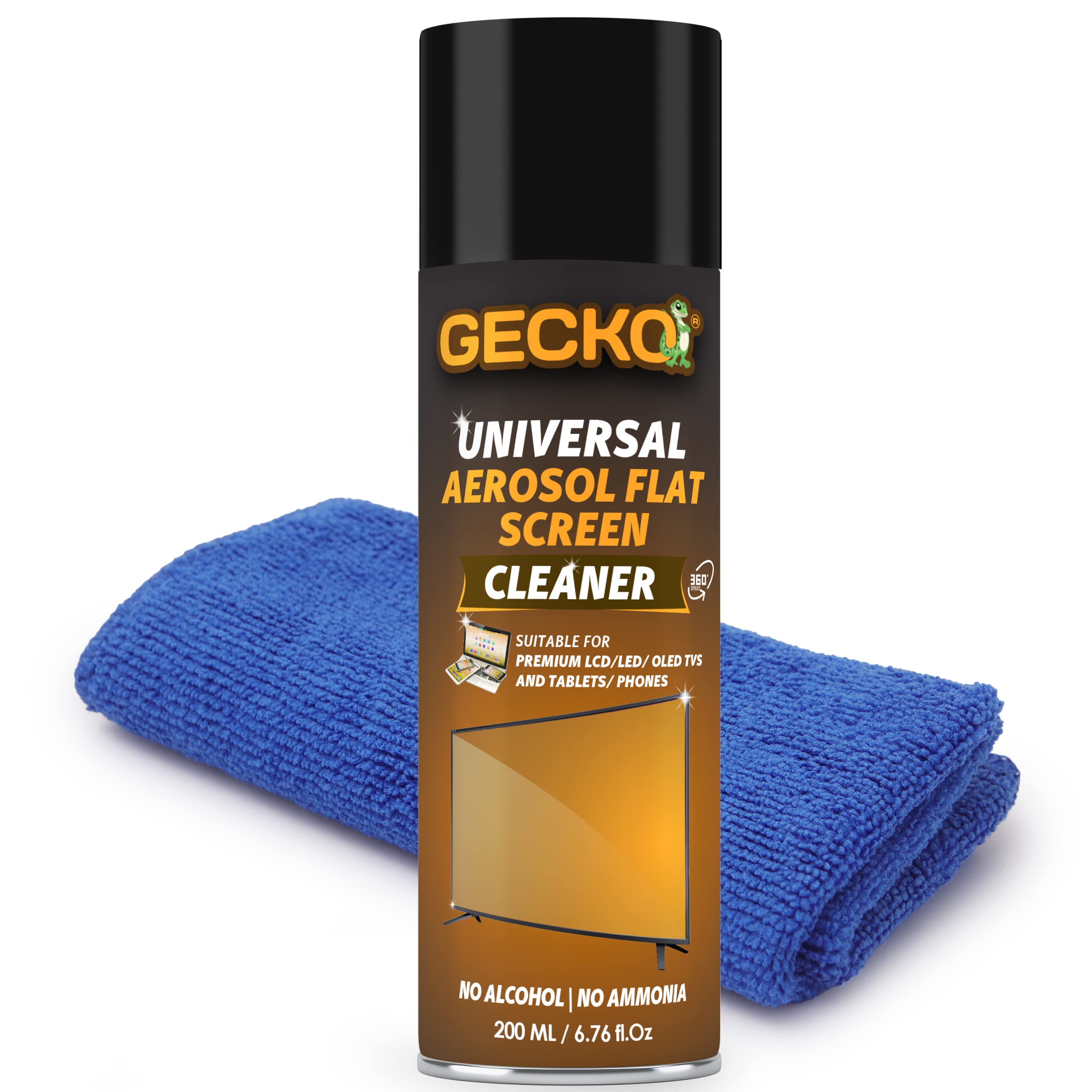 Gecko Screen Cleaner | Aerosol Gently Lift's Away Fingerprints, Oil Smudges, Dust | Scratch Free | LCD/LED/Glass & Tablets/Phone_200 Ml (Pack of 1) with Microfiber Cloth 280 GSM