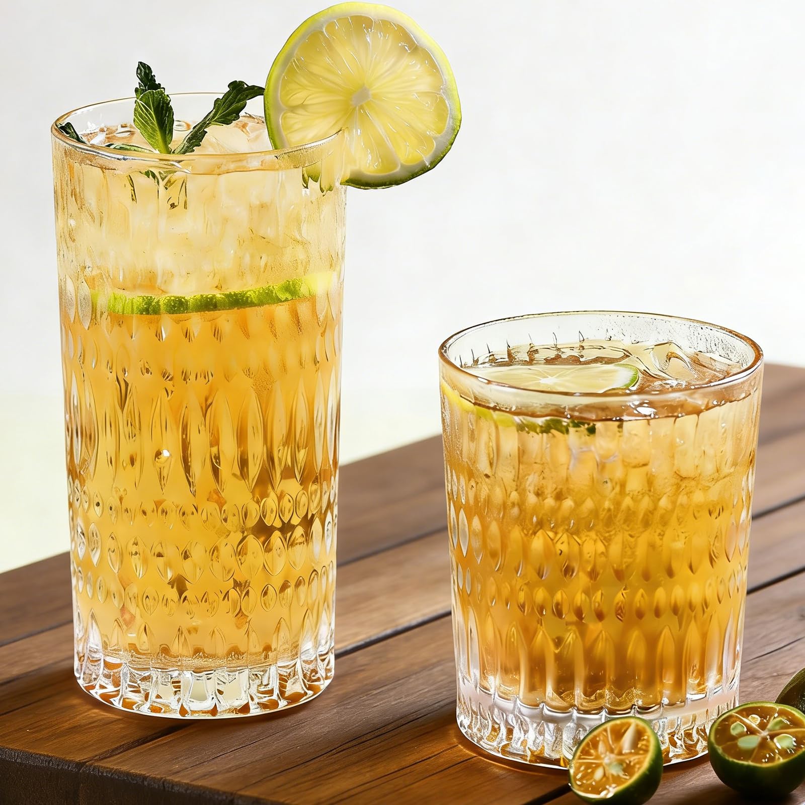 Loivttvv Glassware Drinking Glasses Set of 8 14 oz Highball Glasses 10 oz Ribbed Glass Cups Vintage Glassware