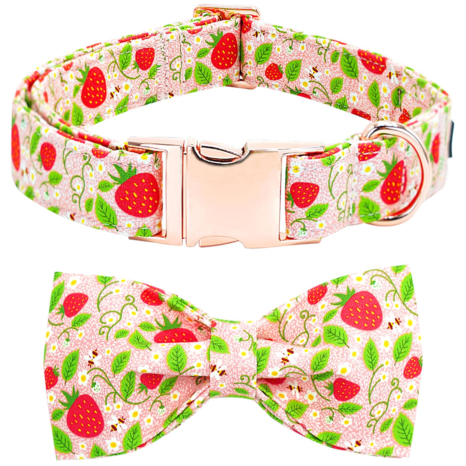 Bobo Rainbow Dog Collar-Strawberry Print Dog Collar Adjustable Cute Pet Collar Soft Pink Dog Collar with Bow Tie Durable Dog Collar Cotton Puppy Collar Metal Buckle Collar Gift for X-Small Dogs