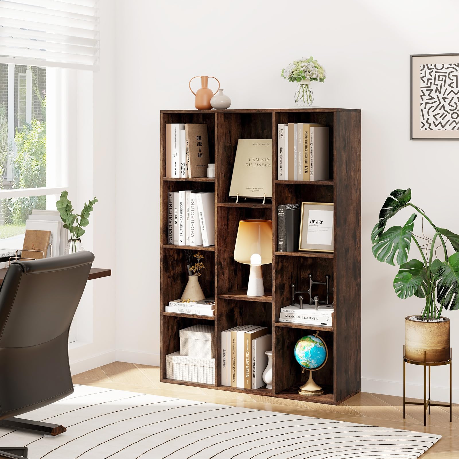 KOMFOTTEU Libreria Aperta con 11 Scomparti, Libreria a Cubi, Arredamento Casa, Scaffale da Ufficio, 74 x 24 x 106 cm (Marrone)