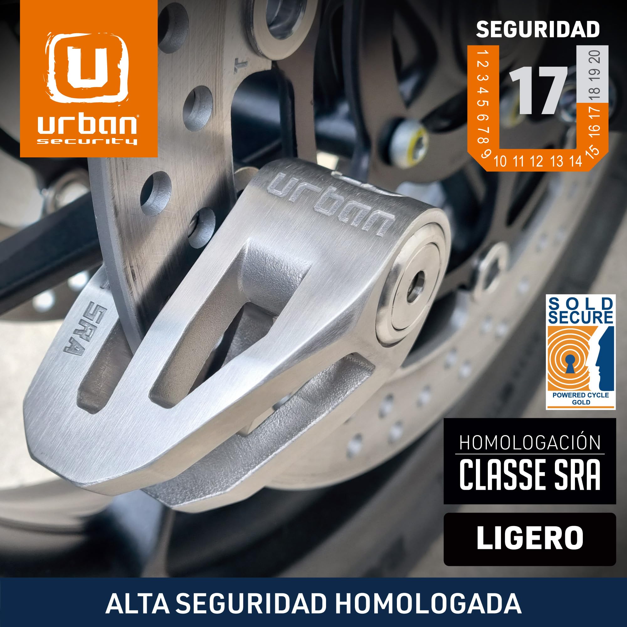 URBAN UR210S Candado Moto Homologado SRA, Antirrobo Disco Máxima Seguridad, Testado Doble Bloqueo ø10mm, Cerradura Anti-Taladro, Arquitectura Ligera, Cepo Pinza Motos y Scooter, Acero Inox Pulido