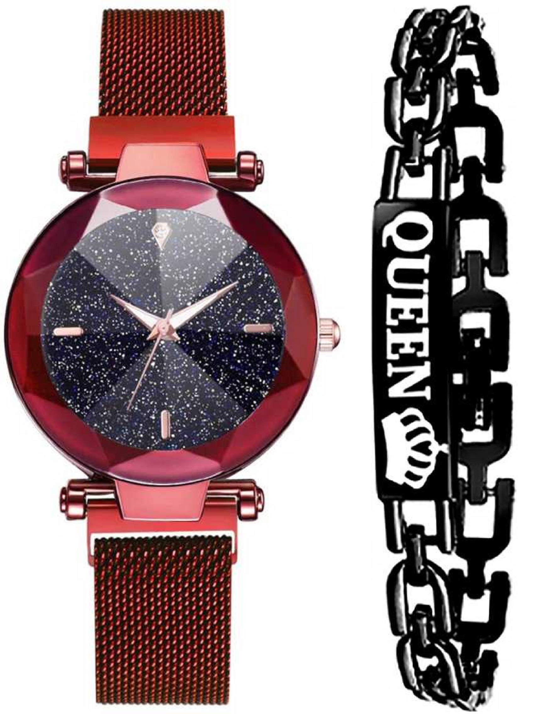 BID Hours 3,6,9 Represents Line and 12 Represent Diamond Blue 21st Century Magnet Analogue Women's Watch & Bracelets for Women and Girls (Red)