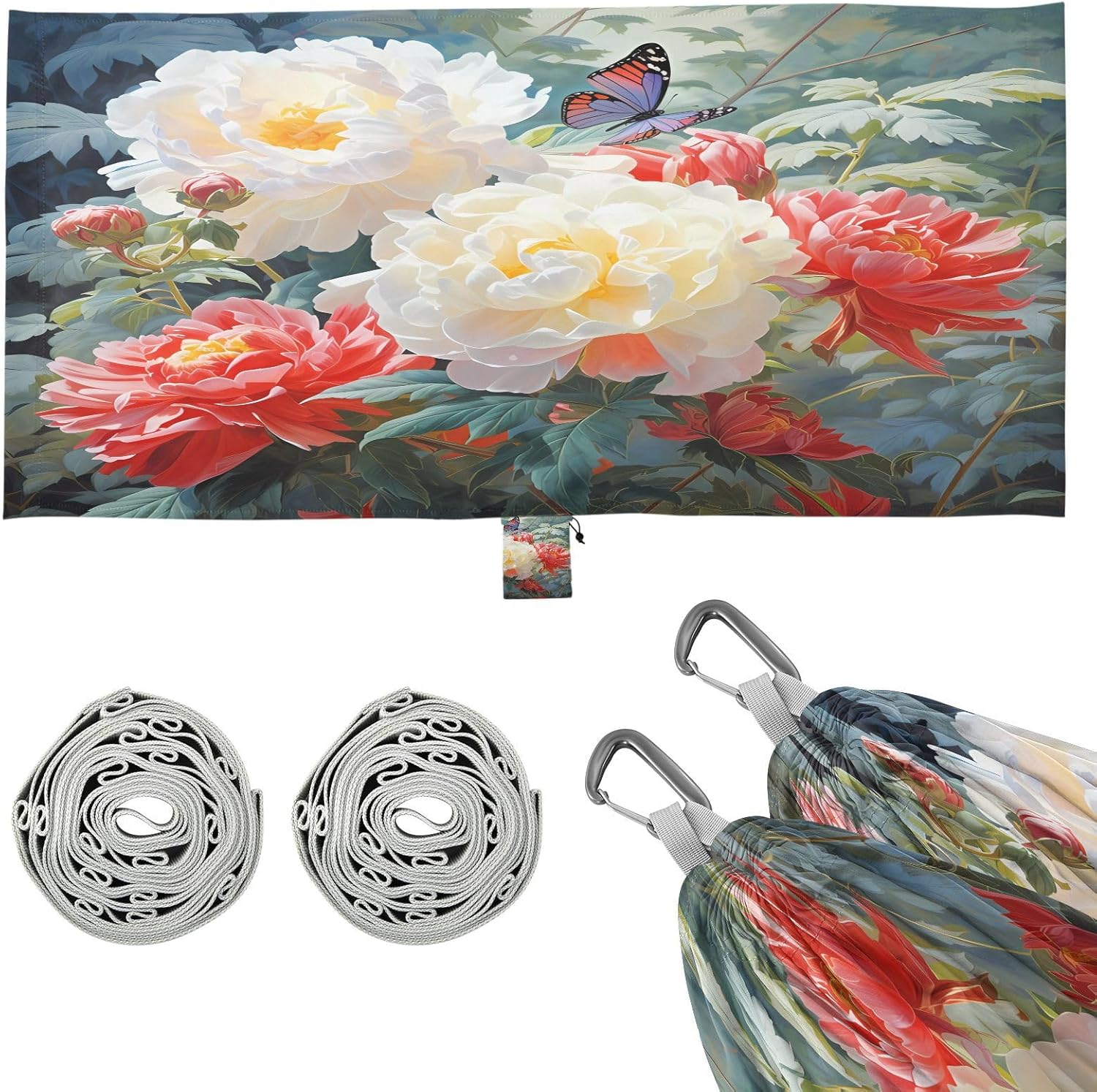 ALAZA Butterfly Rose Flowers Camping Hammocks Single or 2 Person 500 lbs Portable Parachute Travel Hammock w/Tree Straps for Hiking Backpacking Indoor Outdoor