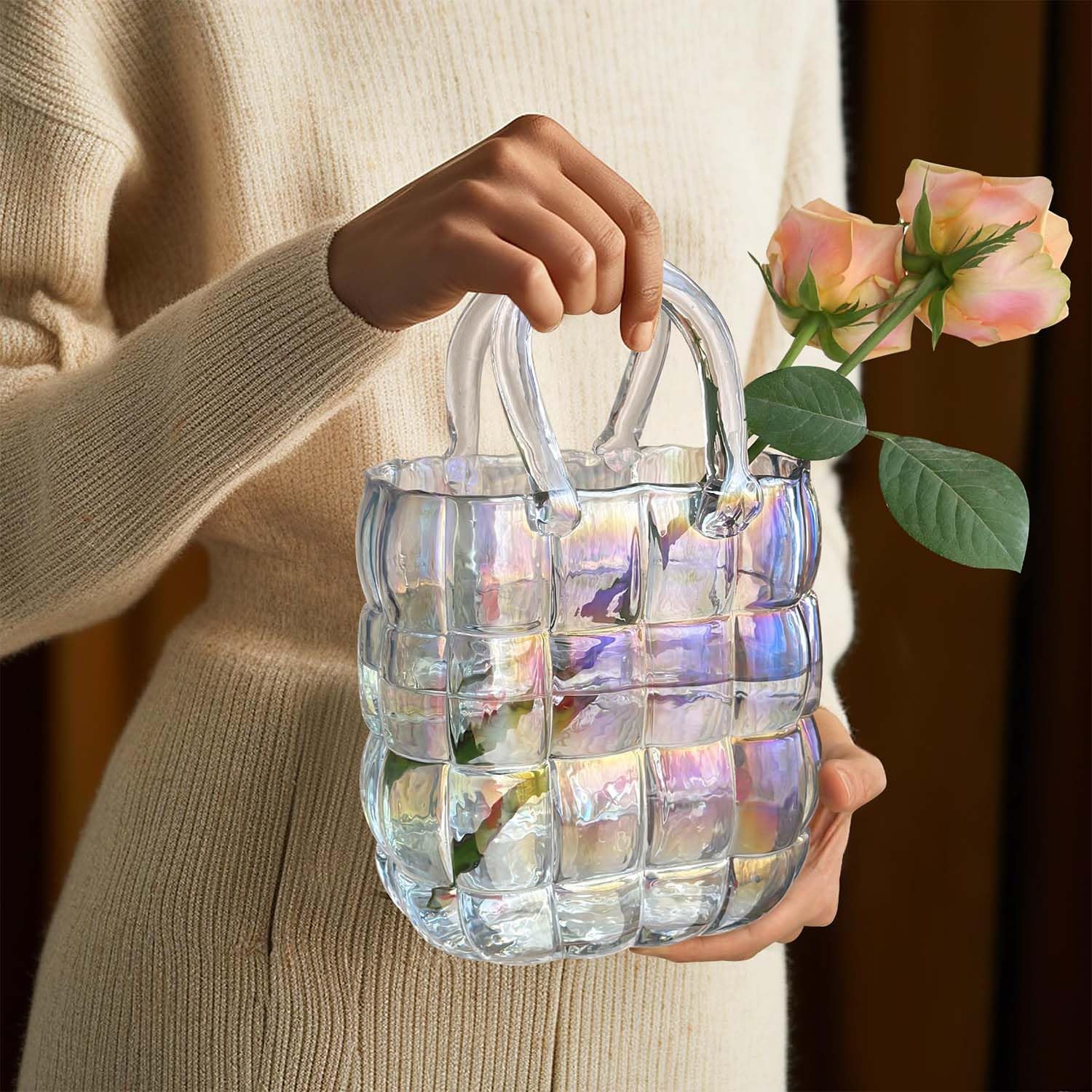 Handtas vaas, tas glazen vazen, duidelijke handgemaakte vaas, creatieve handtas bloemenvaas, desktop glazen mand vaas, portemonnee vaas kleine vis schaal bloemenvaas decoratieve vaas handtas