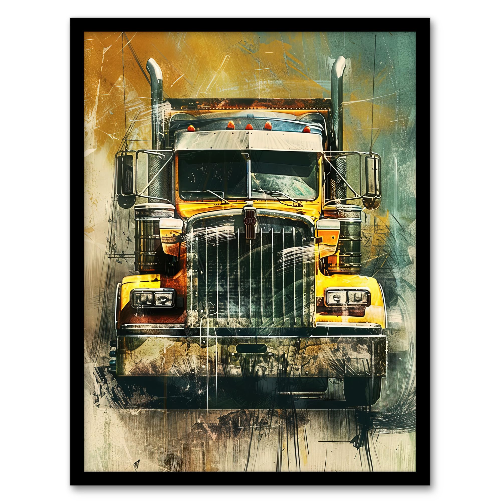 Artery8 Yellow Long Haul Truck Front Modern Painting Living Room Artwork Framed Wall Art Print A4