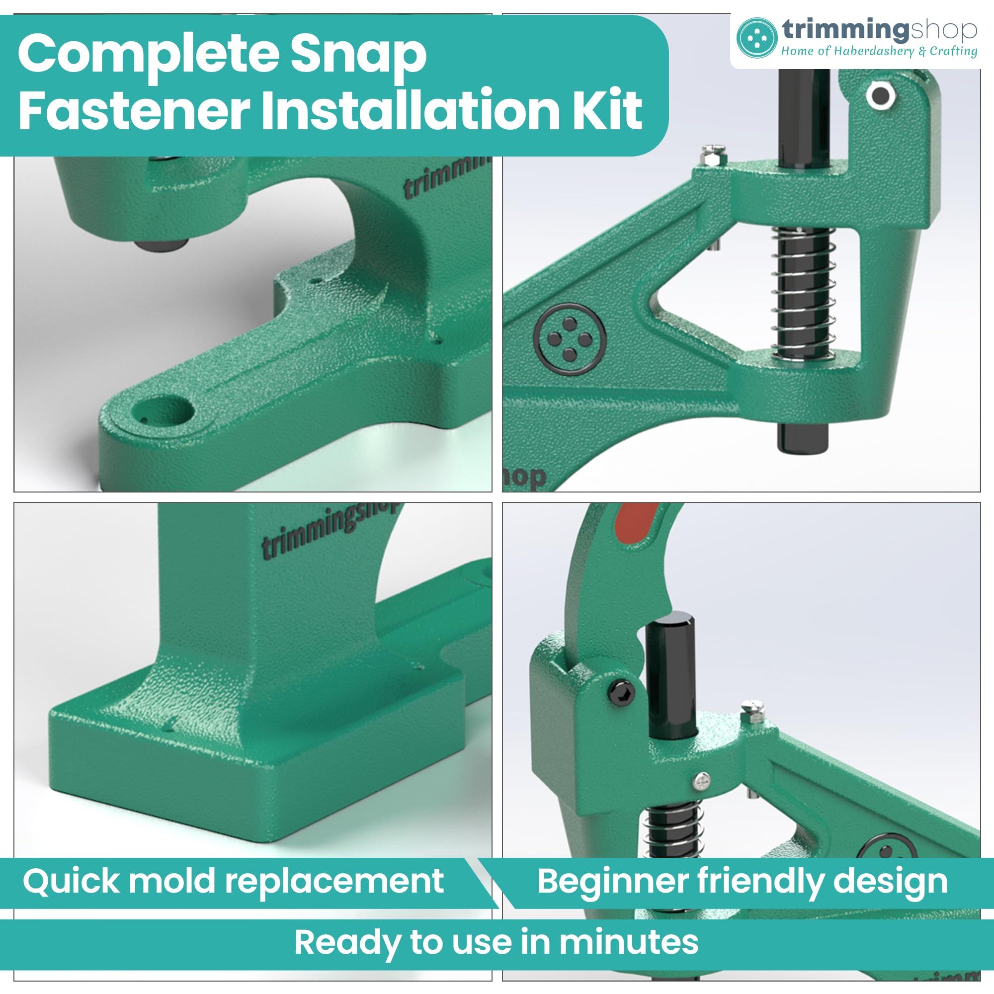 Trimming Shop Juego de 400 botones de presión de resorte S de 15 mm, botones de metal sin coser con troqueles de fijación y prensa manual de máquina verde para manualidades, bolsos, cinturones,