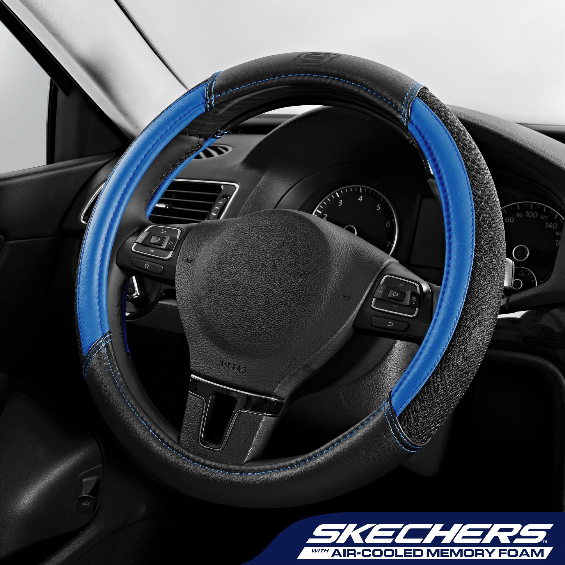 Skechers Luftgekühlter Lenkradbezug, luftgekühltes Netz-Leder, universelle Passform, 35,6 cm, 1,27 - 38,1 cm, Auto-Radschutz für Männer und Frauen, passend für SUVs, Vans, Limousinen, Auto, LKW, Blau