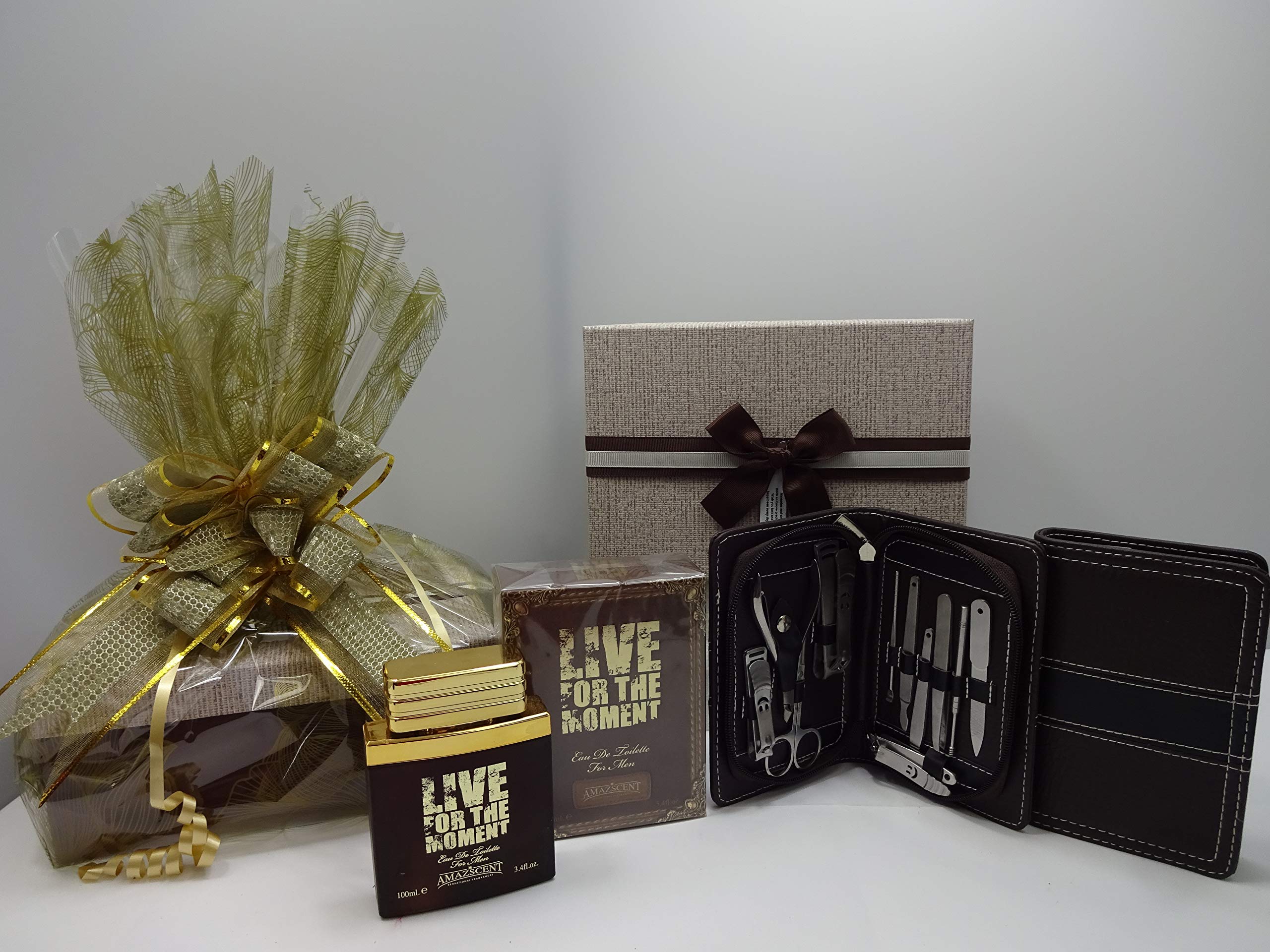 Coffret cadeau de luxe pour homme, Live For The Moment edt pour homme, parfum sensationnel Amazscent 11 pièces en acier inoxydable, kit de manucure personnel dans un coffret cadeau