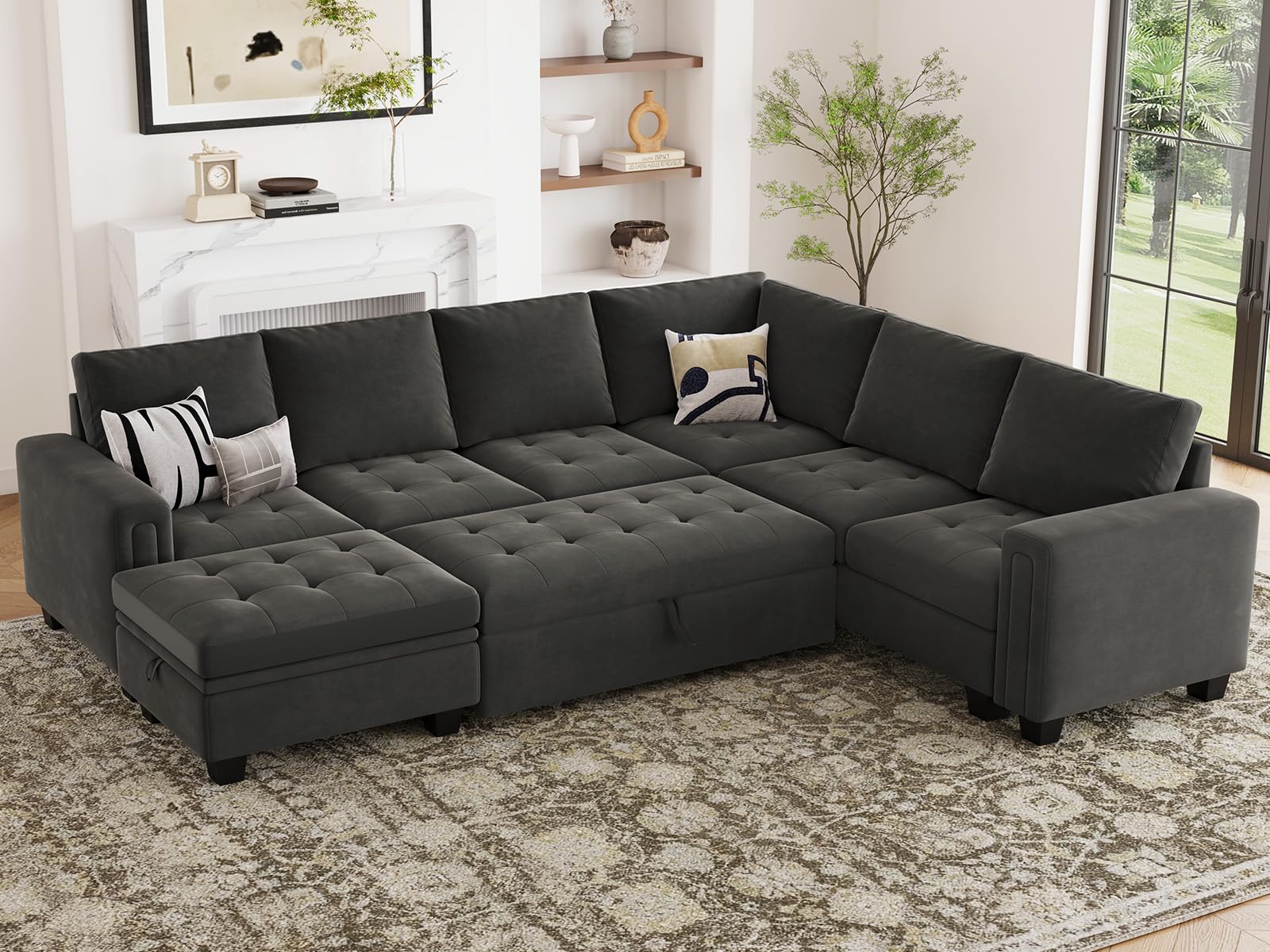 Belffin Modular Sectional Sleeper Sofa with Pull Out Bed U Shaped Sectional Sofa Couch with Storage Ottoman Velvet Covertible 7-Seater Sofa for Living Room Grey INCOMPLETE