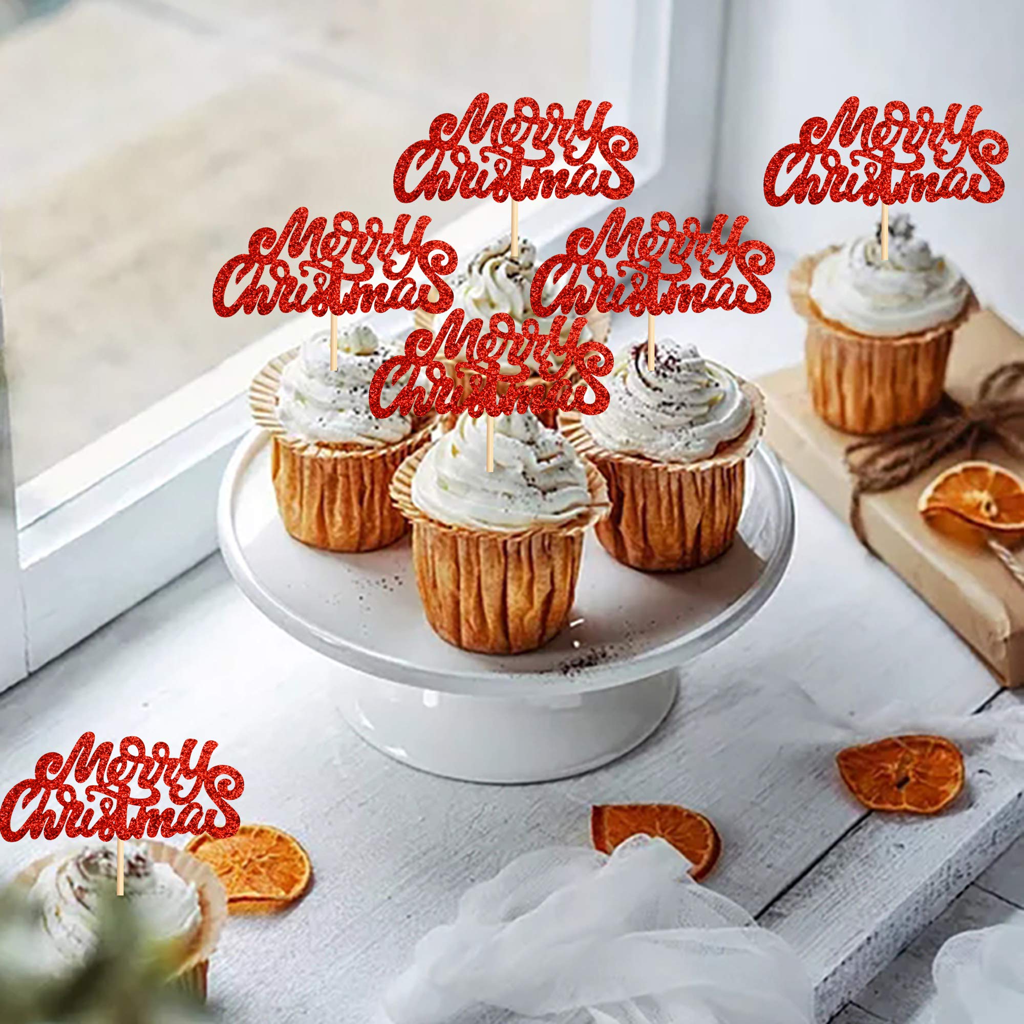 24 Pièces Jouyeux Noël Décoration Gâteau Cupcake Topper, Paillettes Décoration Gâteau Dessert pour La Fête de Noël, Bonbon