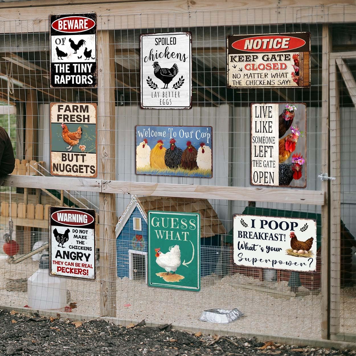 Funny Chicken Coop Signs Outdoor Decor - Personalized Metal Farm Signs for Outdoors, Vintage Chickens Tin Sign 8x12 Inches (9-Pack) - Chicken Gifts for Chicken Lovers, Farmhouse Yard Fence & Garden Wall Decor