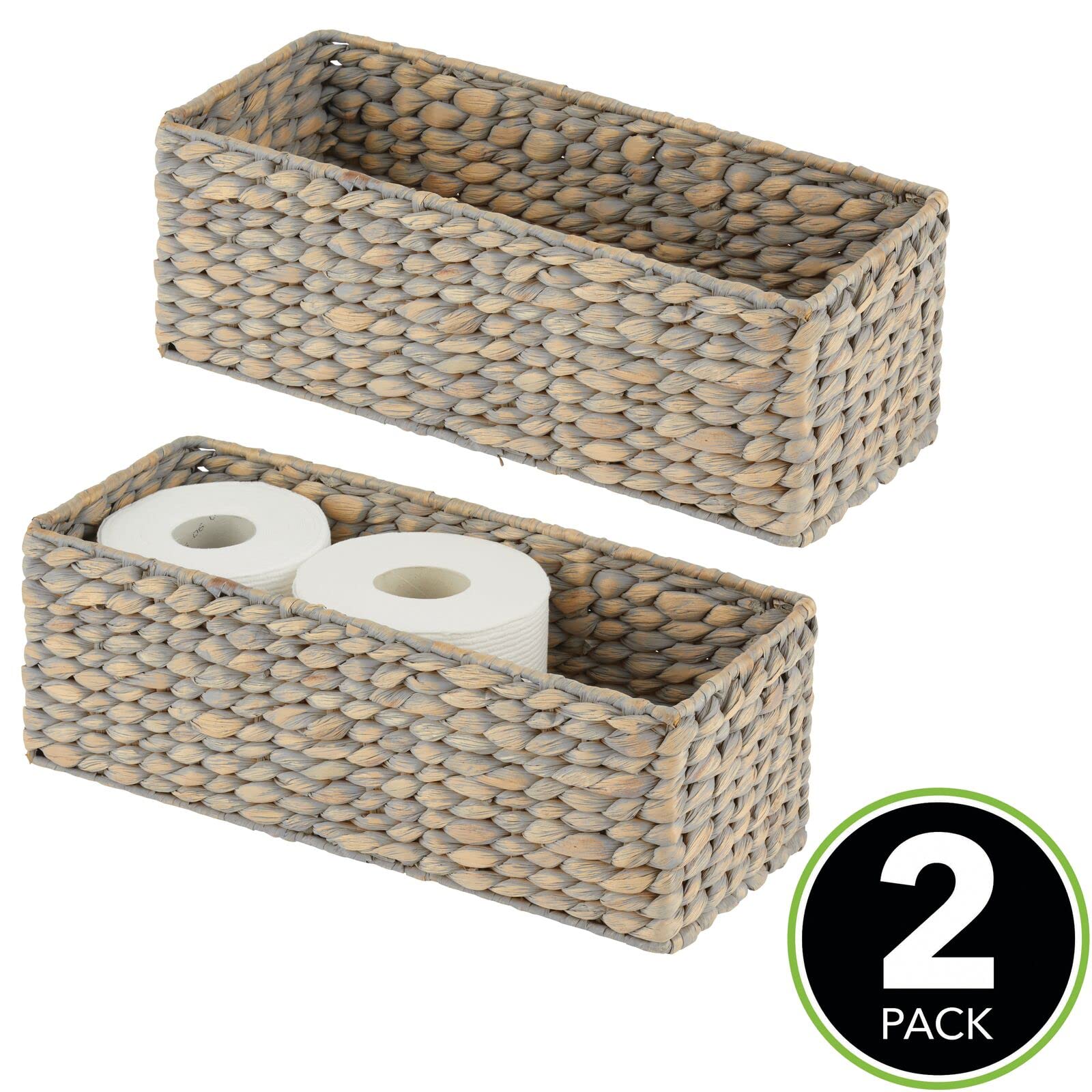 mDesign Woven Hyacinth Narrow Bathroom Toilet Roll Holder Storage Organizer Basket Bin - Rectangle Containers for Bathroom, Toilet Tank - Hold 3 Rolls of Toilet Paper - 2 Pack - Gray