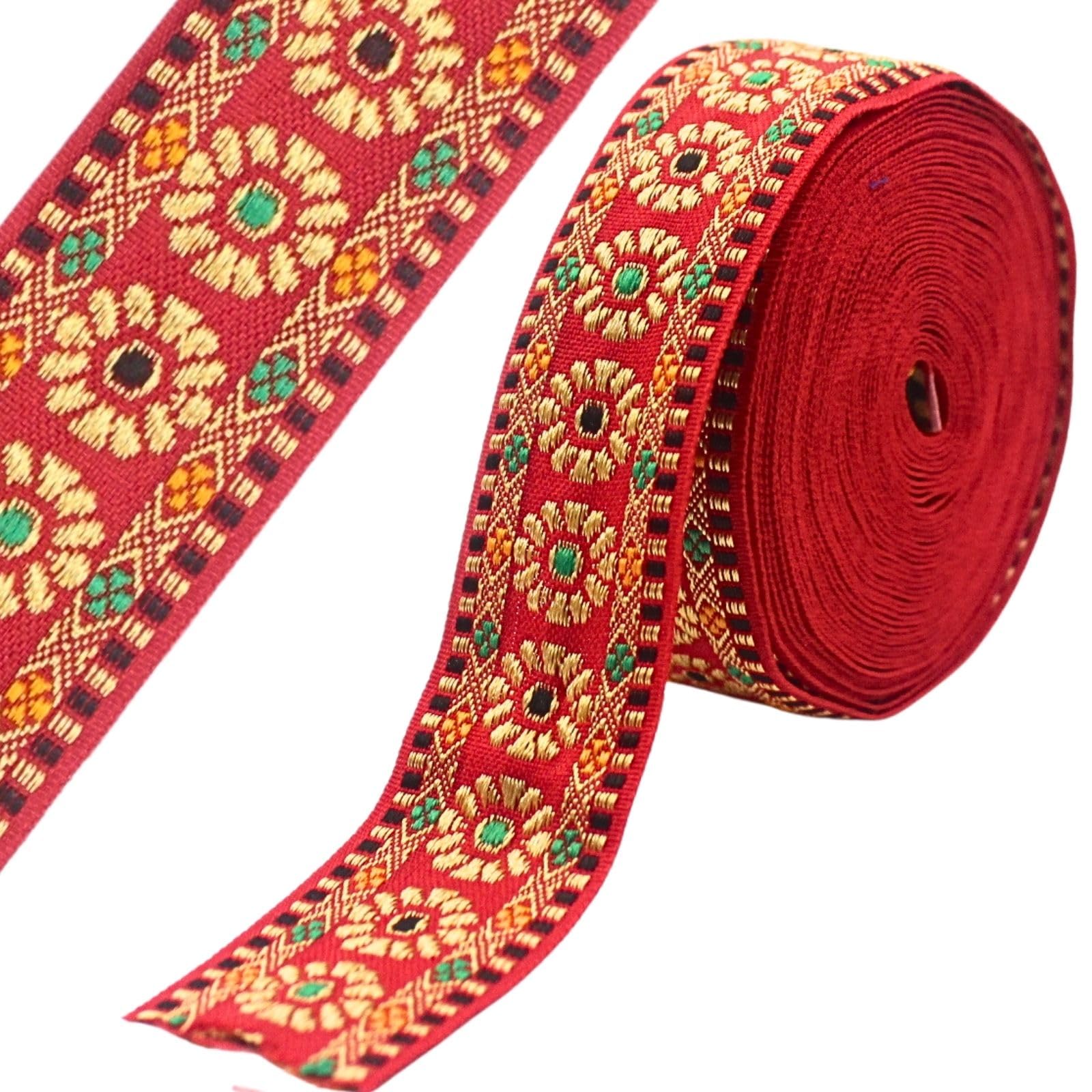 PEARLY JUN 21 Yards Light Red Jacquard Ribbon Embroidered Vintage Ethnic