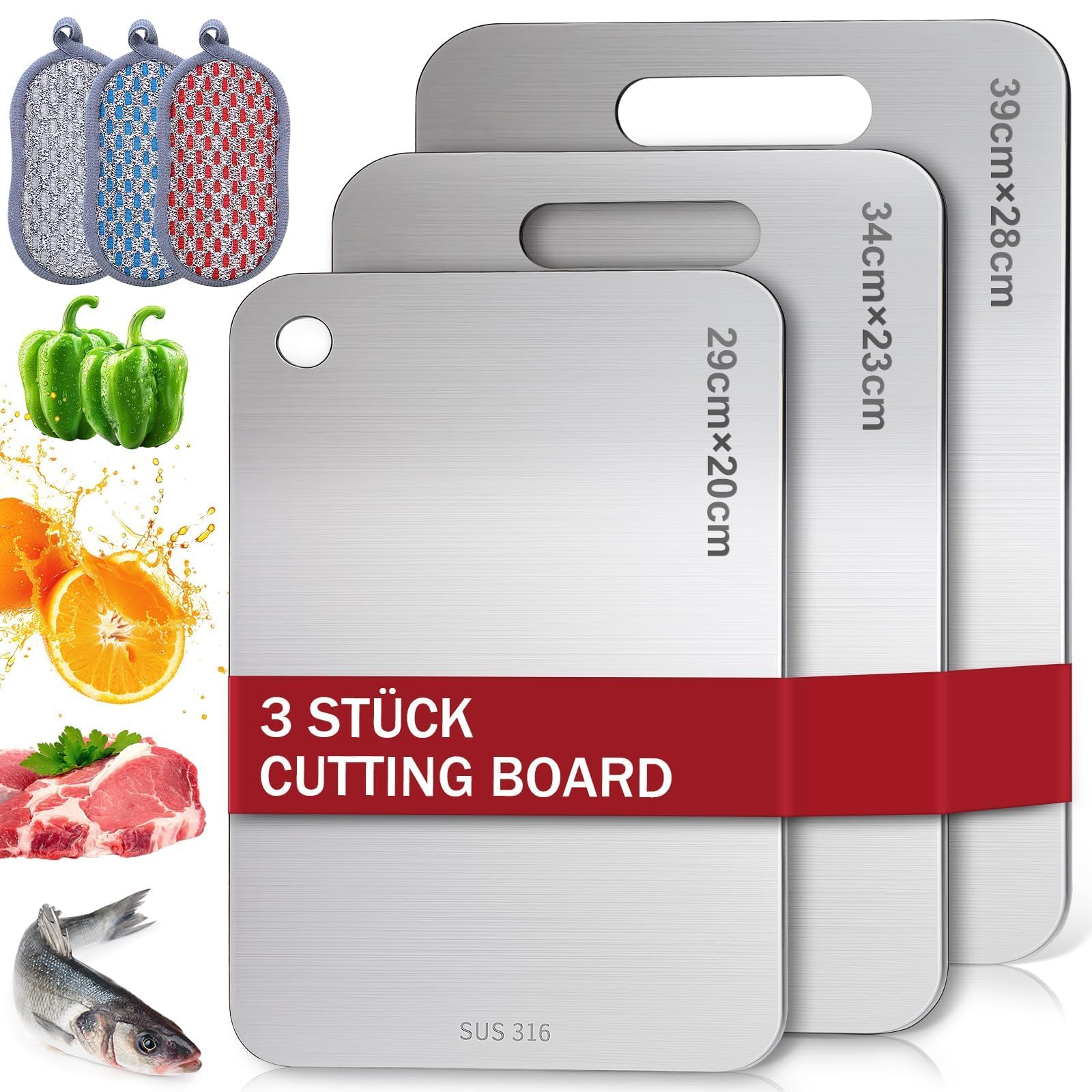 Bafeil 3 Stück Titan Schneidebrett Edelstahl Schneidebrett Set, Titanium Cutting Board Mit Schwamm und Sparschäler BPA-frei, Antibakteriell, Ideal für Küche