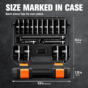 PGROUP 1/2 Inch Drive Deep Impact Socket Set, 17-Piece 6 Point Standard SAE Sizes (3/8 In to 1-1/4 In), Cr-V Steel, Includes 3", 5", 10" Impact Extension Bars with Heavy Duty Storage Case